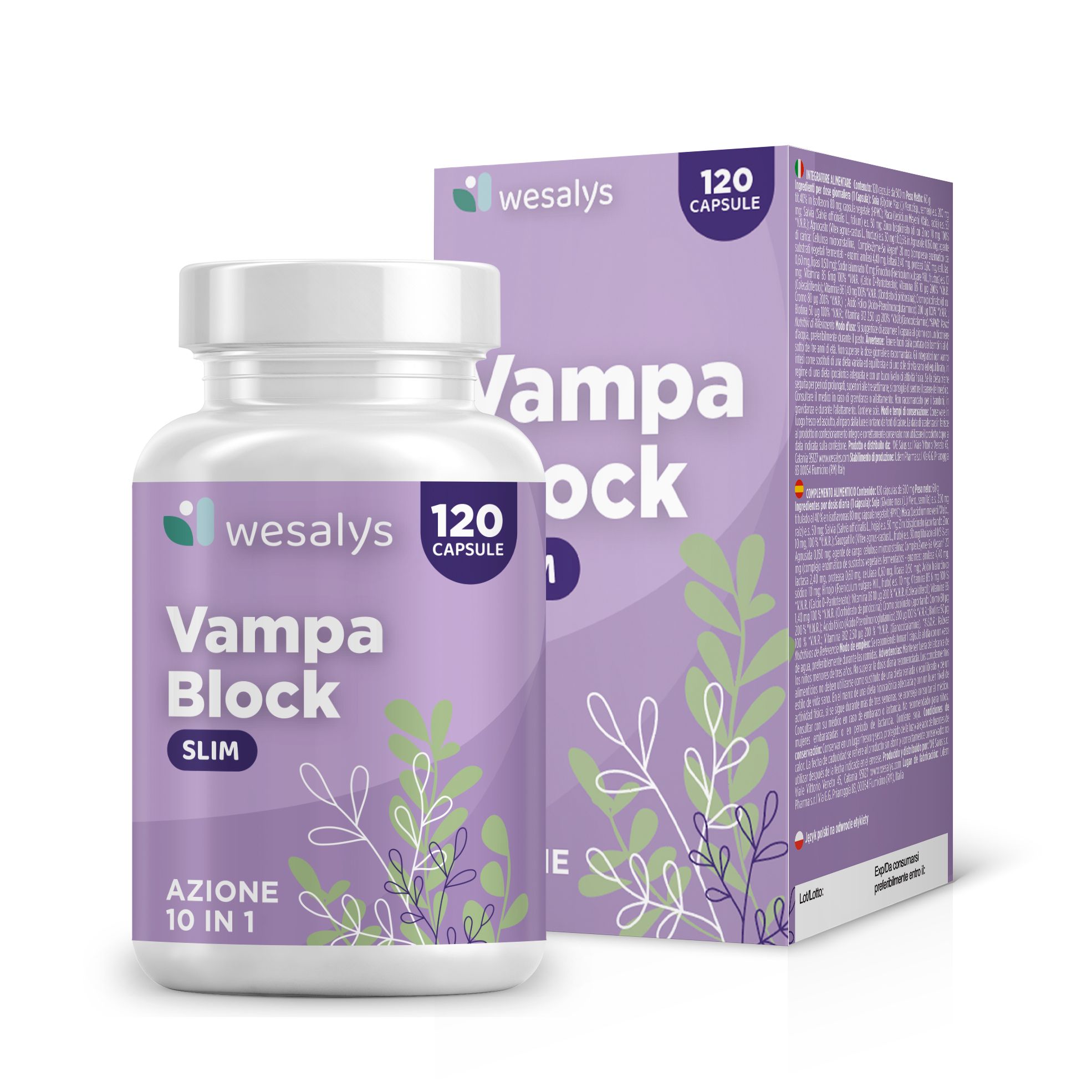 Produktflasche und Schachtel. Text: Vampa Block SLIM, 120 Capsule, Azione 10 in 1. Lila Verpackung mit Blättern.