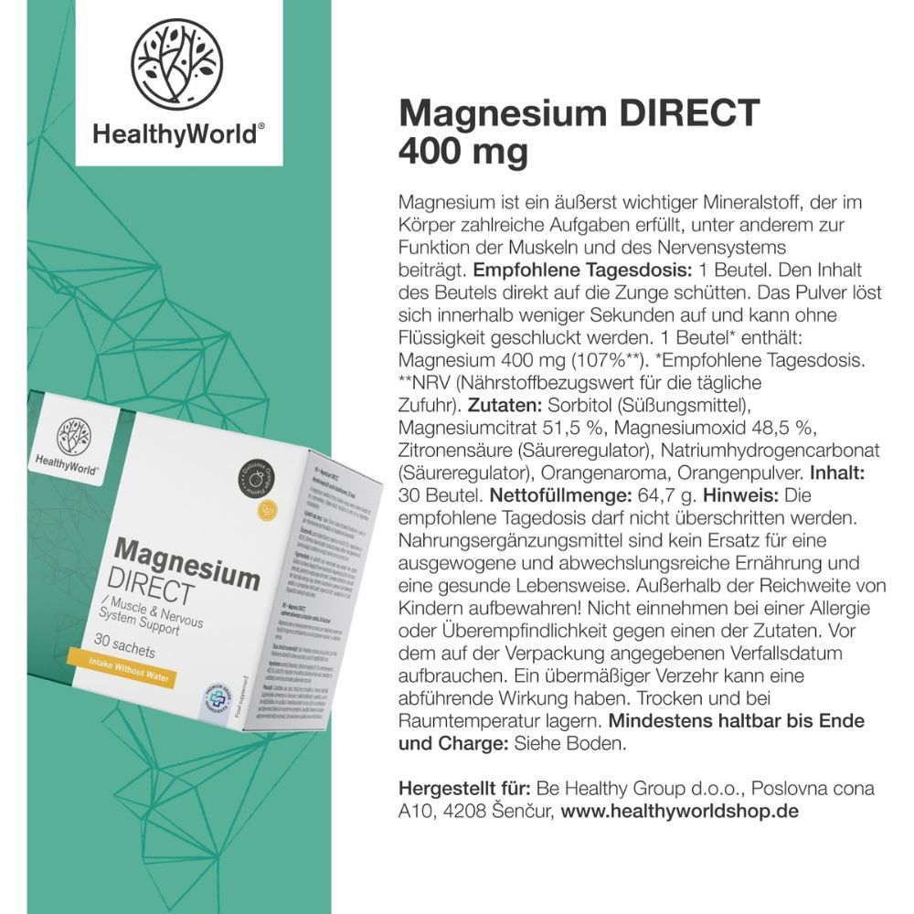 Magnesium DIRECT 400 mg, 30 Beutel. Marke HealthyWorld. Text auf Verpackung.