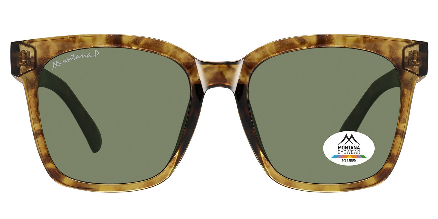 Sonnenbrille mit braunem Rahmen und grünen Gläsern. Montana Eyewear Logo auf dem Glas und Bügel. Polarisiert.