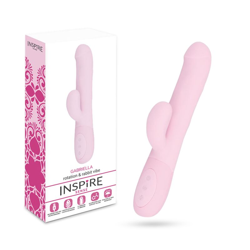 Rosa Vibrator neben Verpackung. Auf der Verpackung steht "Gabriella rotation & rabbit vibe" und "INSPIRE SENSE".