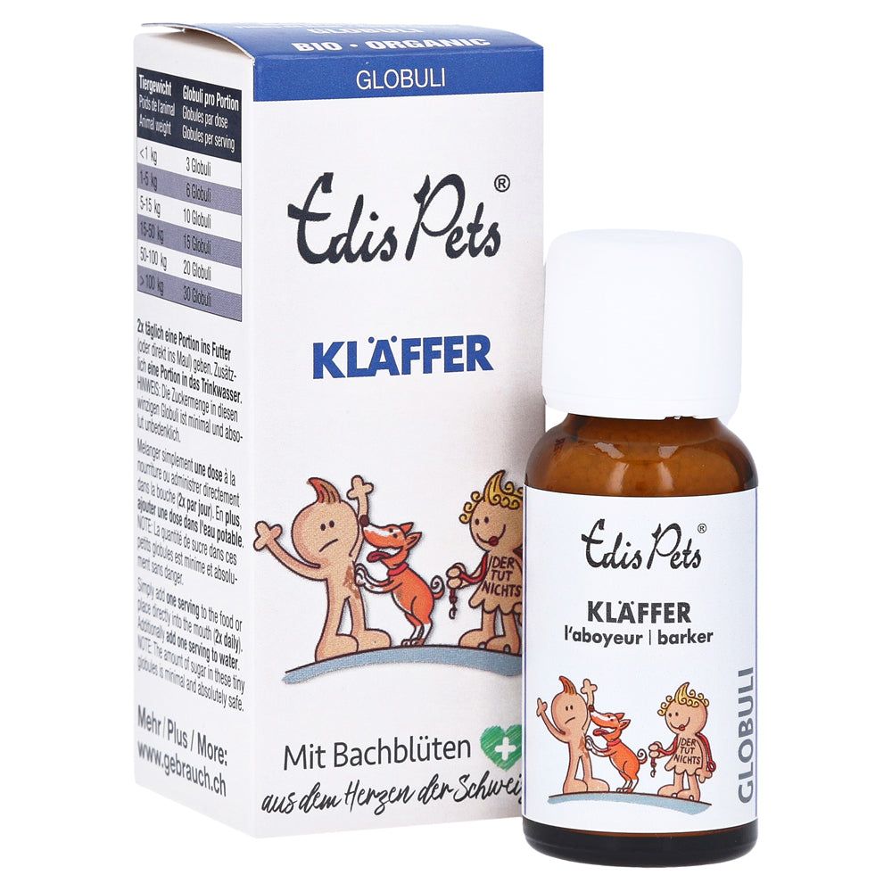 Braune Glasflasche und Karton mit Produktnamen und Illustrationen. Aufschrift: Edis Pets Kläffer Bio Bachblüten für Hunde.