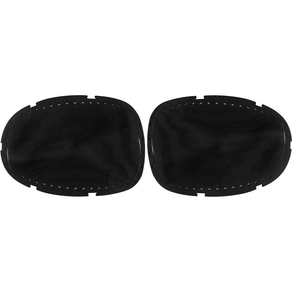 Zwei schwarze, ovale Brillengläser mit Löchern am Rand.