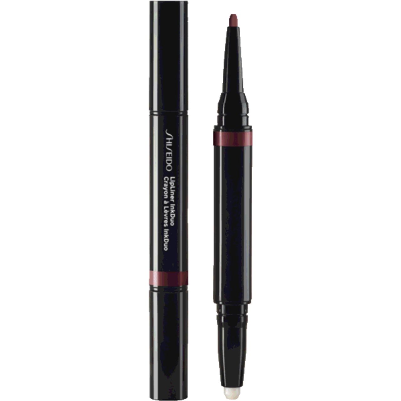 Doppel-Lippenkonturenstift. Schwarzer Stift mit Produktbezeichnung. Auf einer Seite Stift, andere Seite Applikator.