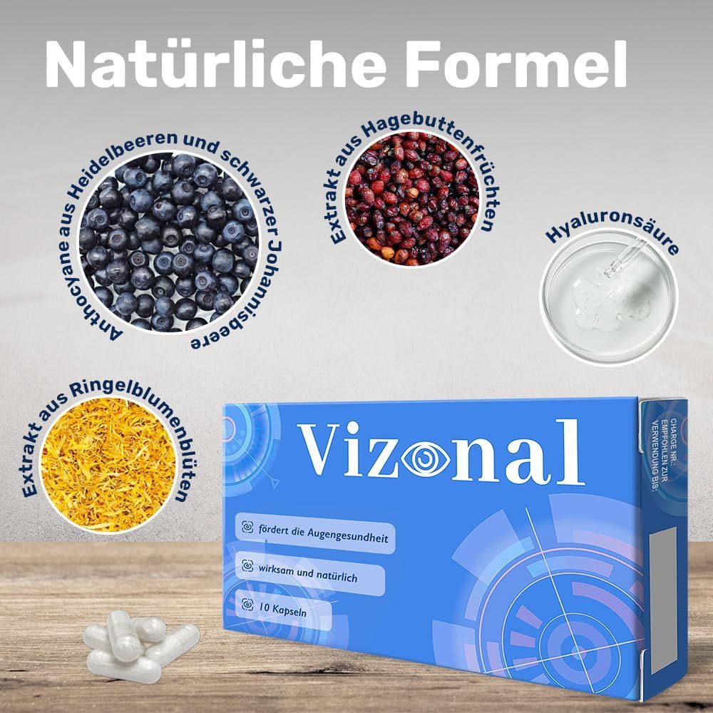 Schachtel "Vizonal" und Zutaten: Heidelbeeren, Hagebutten, Ringelblumen, Hyaluronsäure.