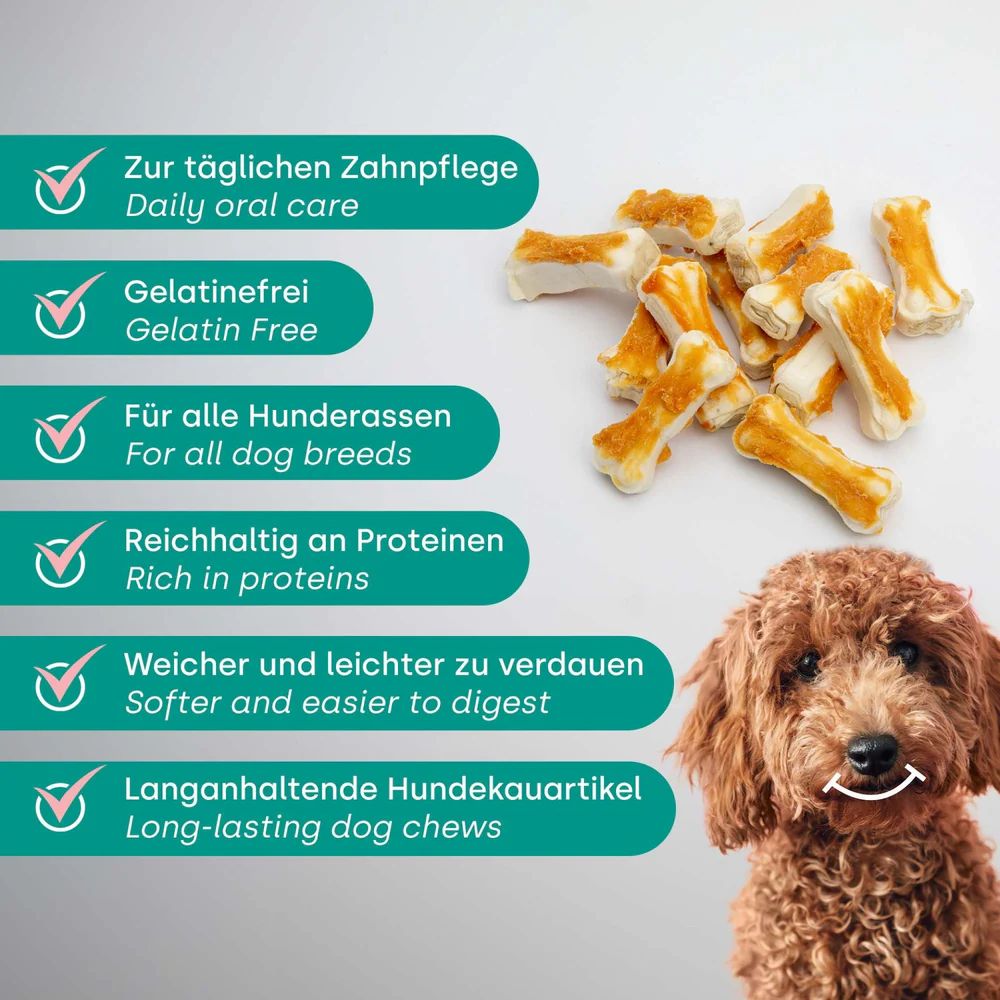 Mehrere "emmi-pet happy Dentalsticks" und ein Hund. Auf dem Bild sind grüne Häkchen und Produktinformationen zu sehen.