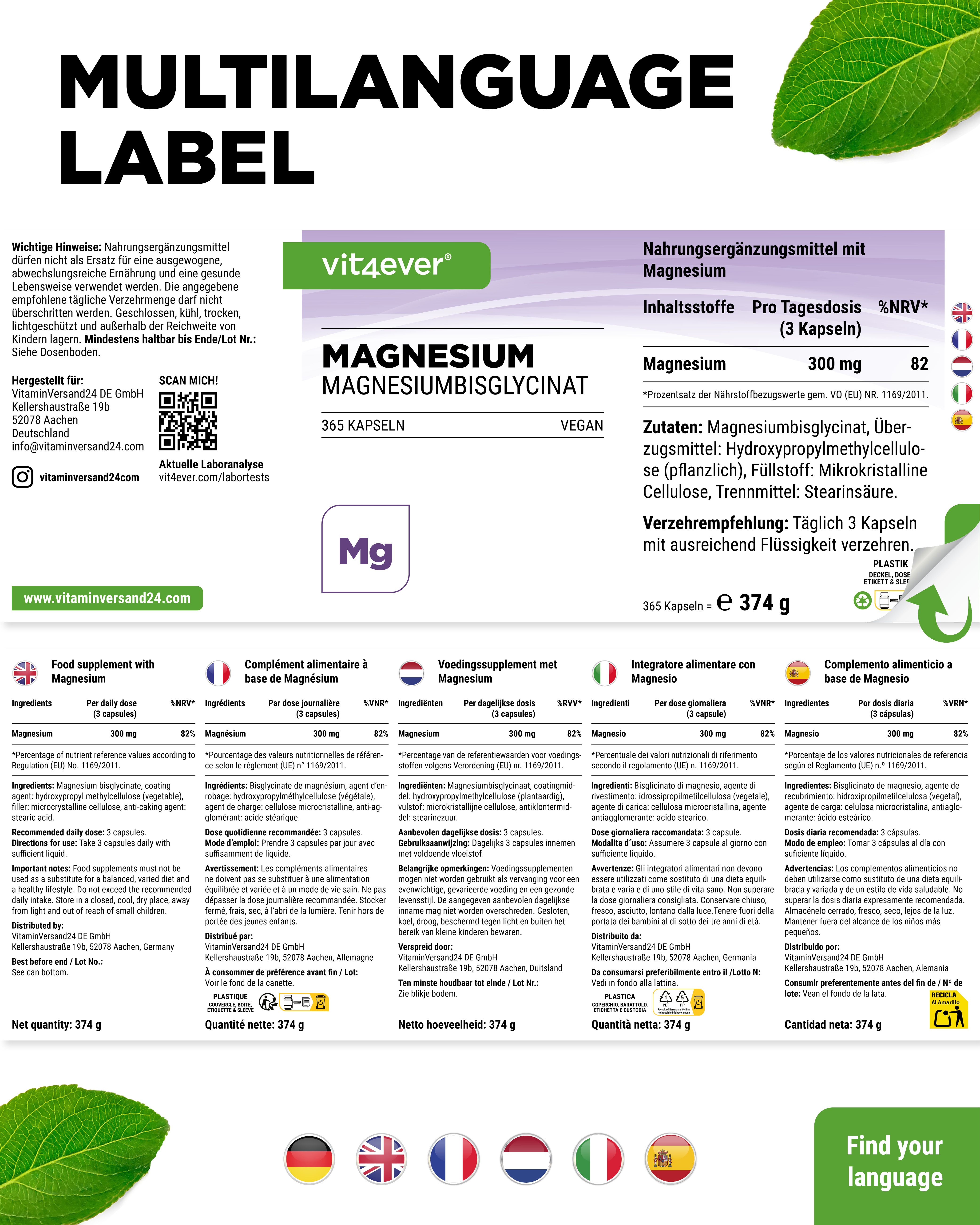 Etikett mit mehrsprachigen Informationen. Enthält Angaben zu Inhaltsstoffen, Dosierung und Nährwerten.