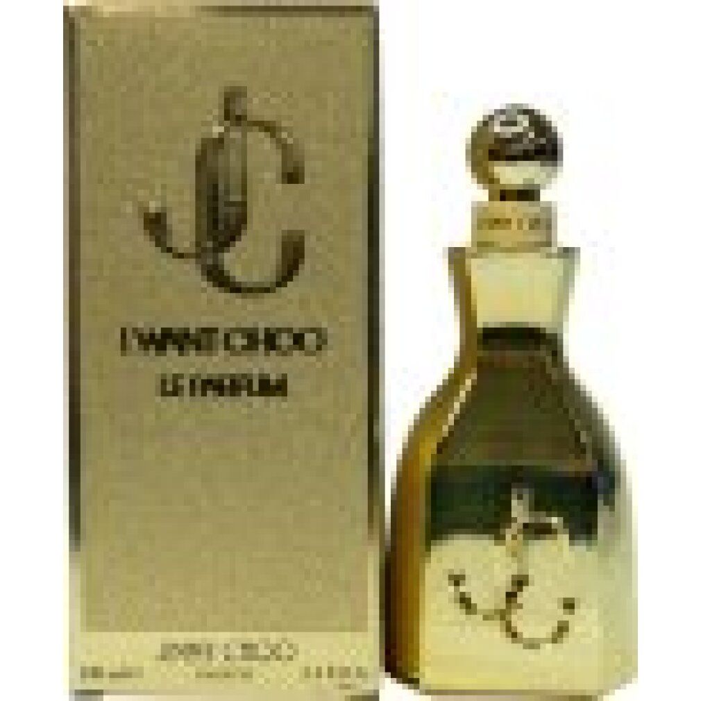 Goldfarbener Flakon und Schachtel. Auf der Schachtel steht "I WANT CHOO Eau de Parfum".