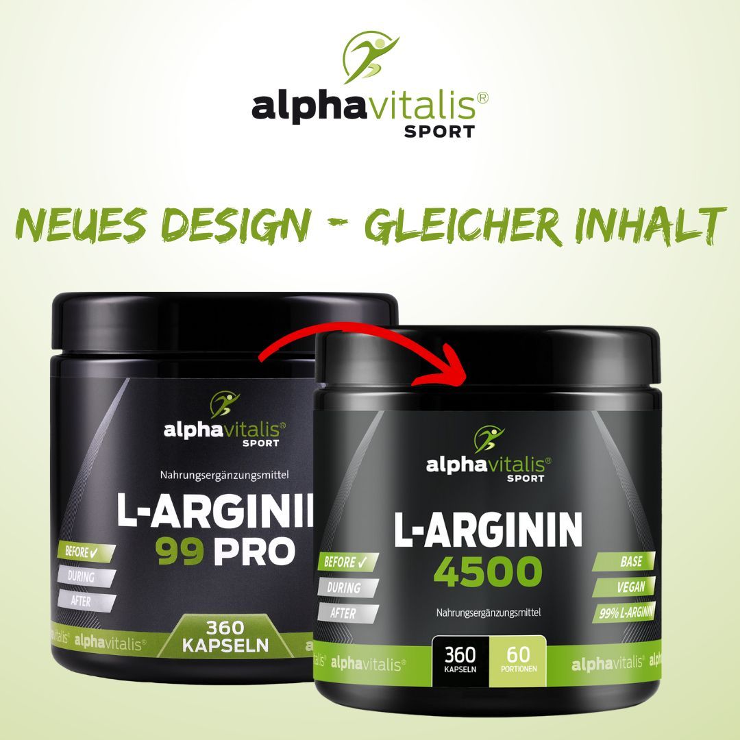 Zwei Dosen L-Arginin, eine mit altem, eine mit neuem Design. Aufschrift: L-Arginin 4500, 360 Kapseln.