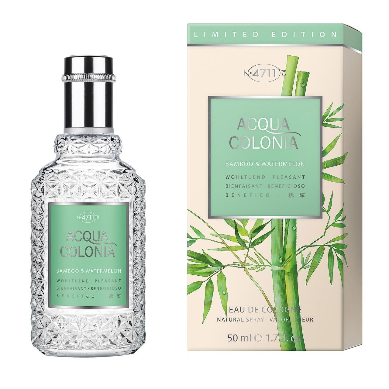 Glasflakon und Verpackung. Flakon mit silbernem Verschluss und Aufkleber "Acqua Colonia". Verpackung mit Bambus-Illustration und "Limited Edition".