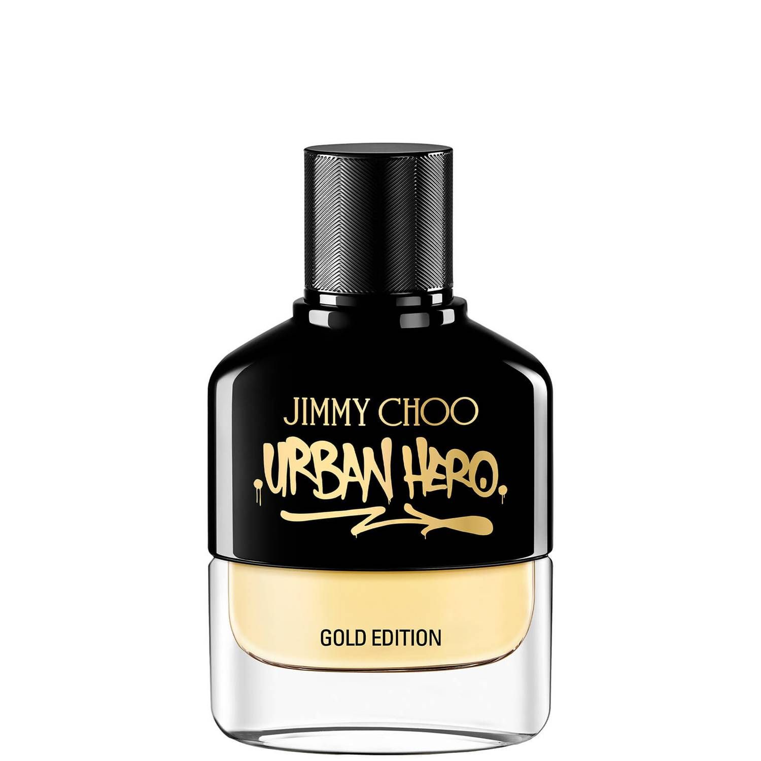 JIMMY CHOO Urban Hero Gold Edition EdP. Schwarzer Flakon mit goldener Schrift und goldfarbener Flüssigkeit.