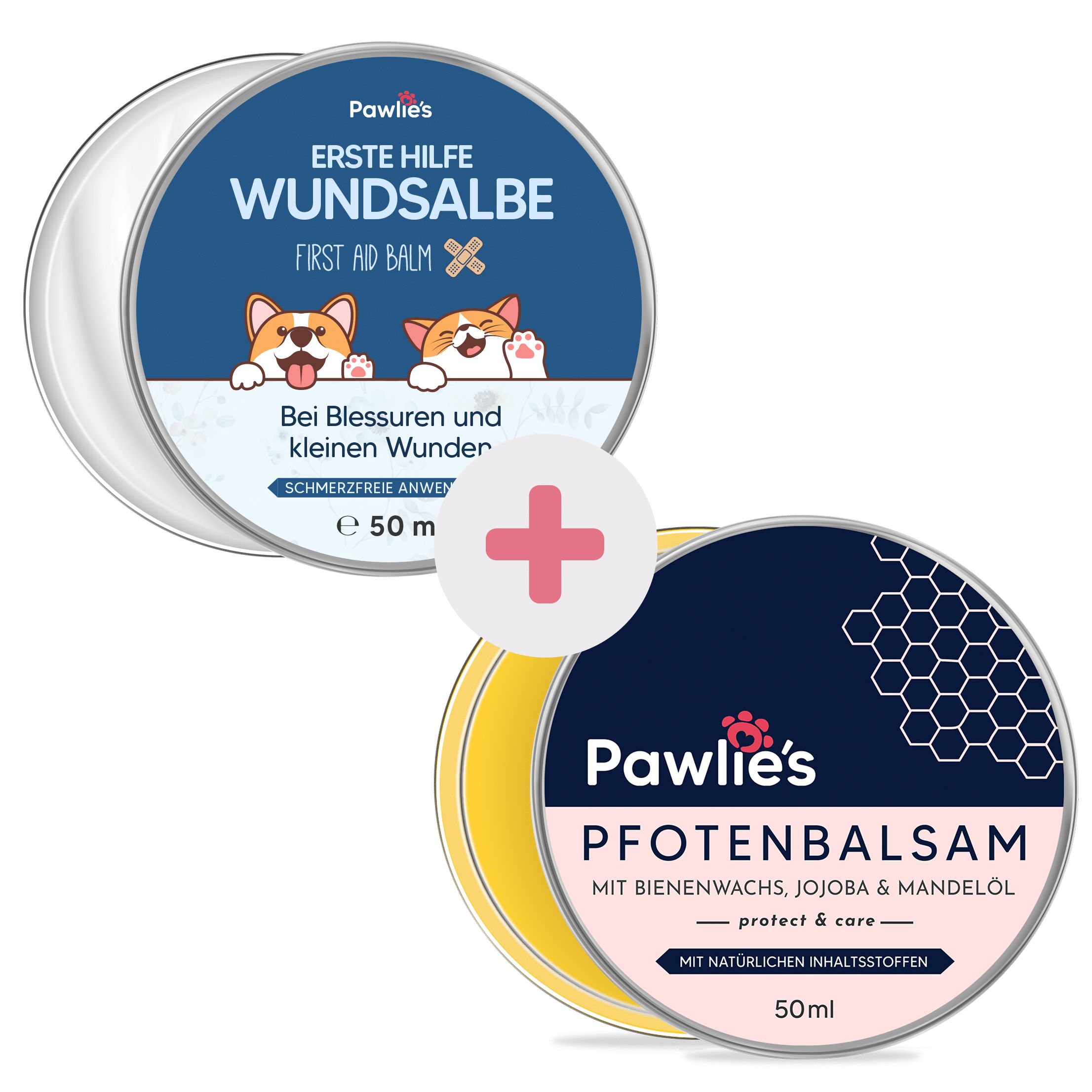 Zwei runde Dosen. Eine mit "Wundsalbe", die andere mit "Pfotenbalsam". Beide mit Produktnamen und Logos.
