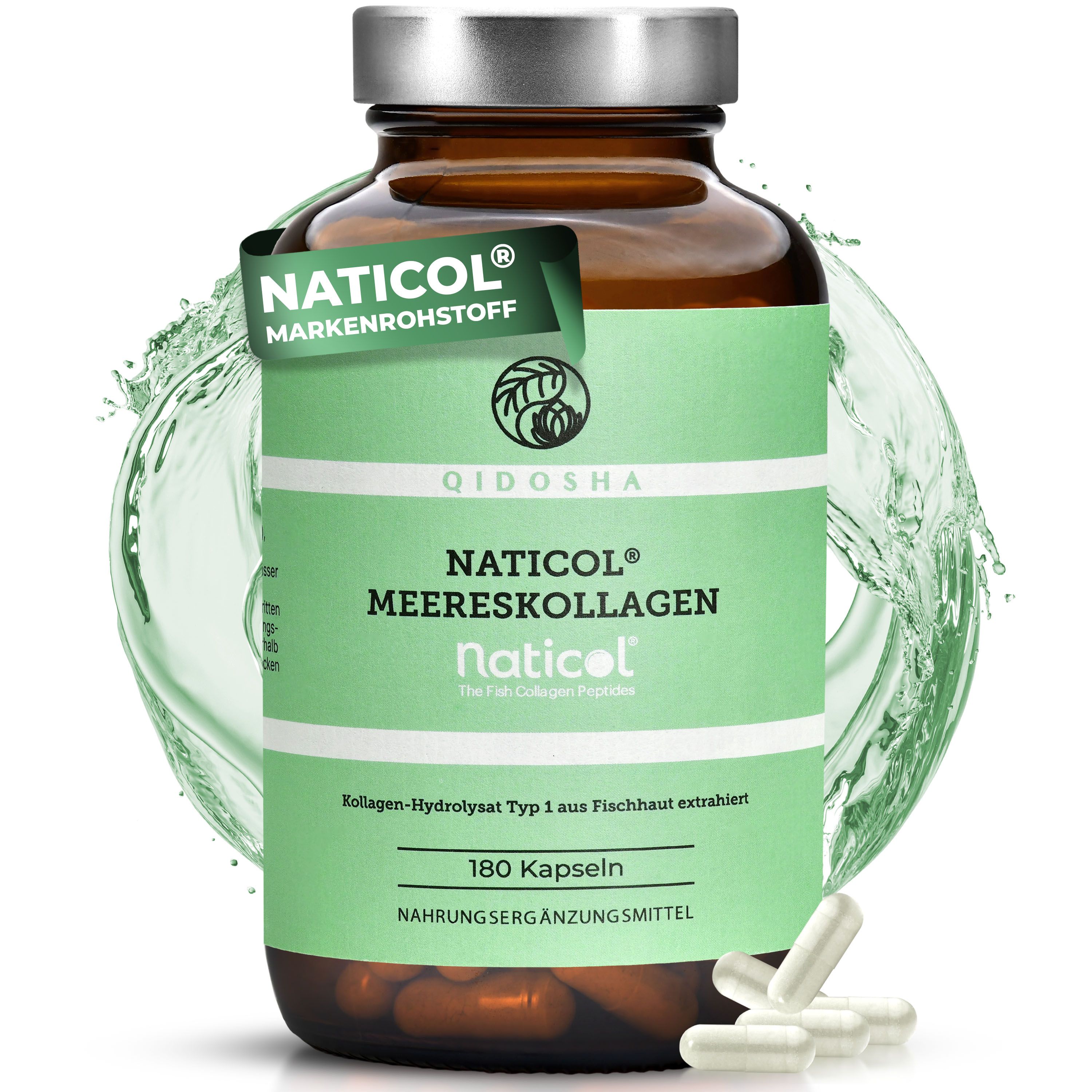 Braune Glasflasche mit grünem Etikett. Naticol Meereskollagen, 180 Kapseln. Markenrohstoff-Banner und Kapseln daneben.