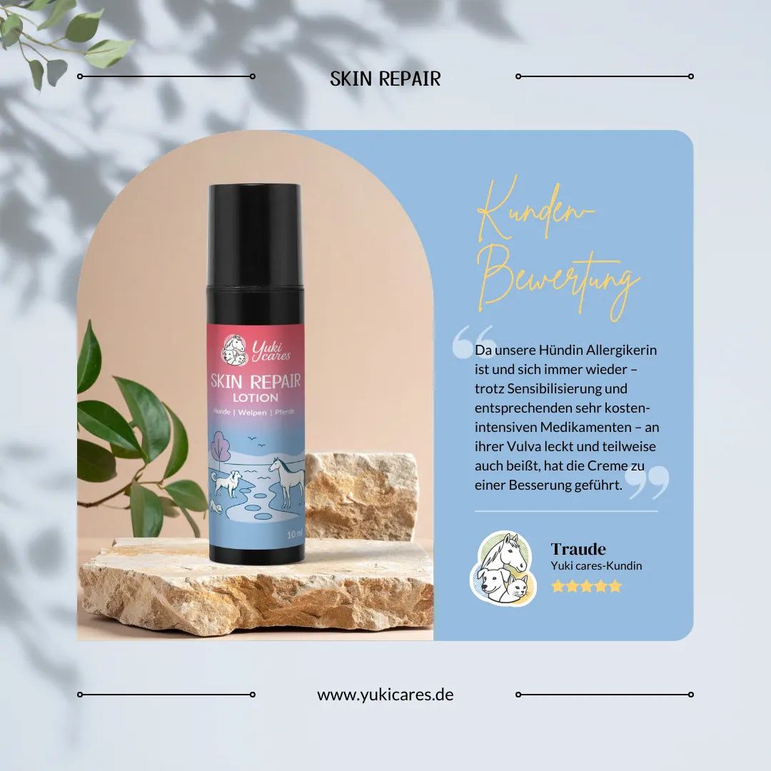 Lotion-Flasche Skin Repair, Marke Yuki cares, auf Stein. Text: Kundenbewertung. Zitat und Sterne-Bewertung.