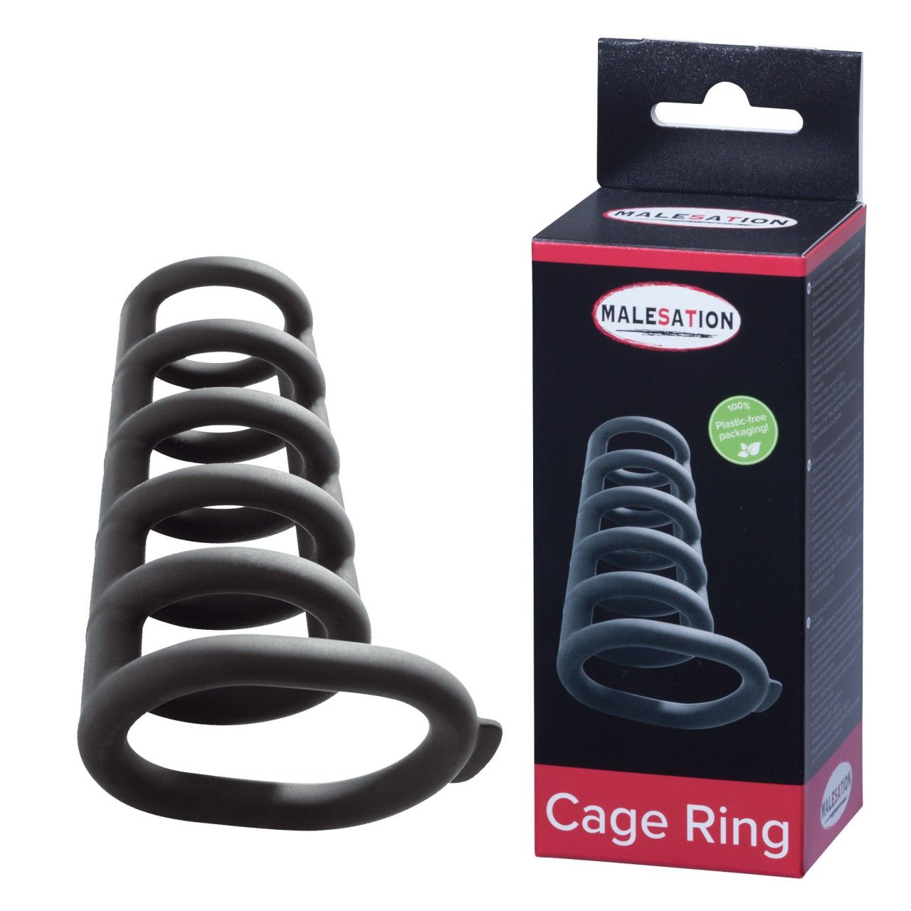 Schwarzer Cage Ring, bestehend aus mehreren Ringen. Verpackung mit Produktabbildung und Markenname MALESATION.
