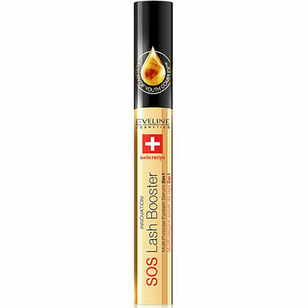 Goldene Tube mit schwarzem Deckel. Text: Eveline Cosmetics, SOS Lash Booster, Swiss Recipe, 5in1. Logo: Schweizer Kreuz.