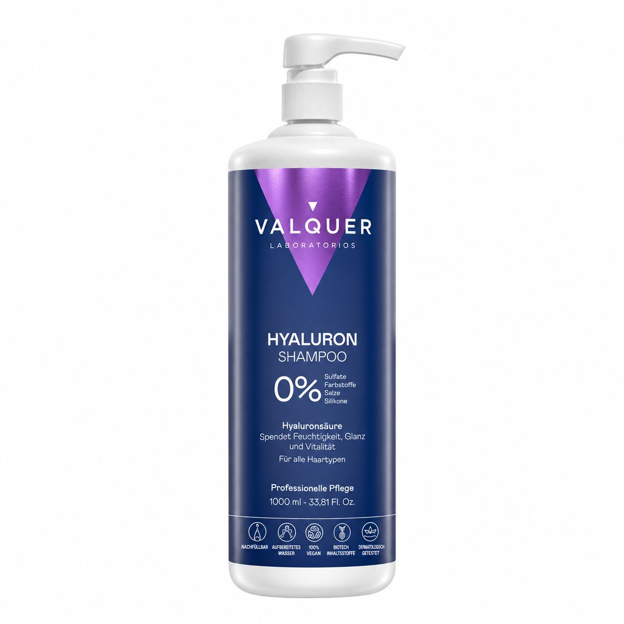 Valquer Hyaluron Shampoo 1000ml Flasche mit Pumpspender, 0% Sulfate, Parabene, Silikone.