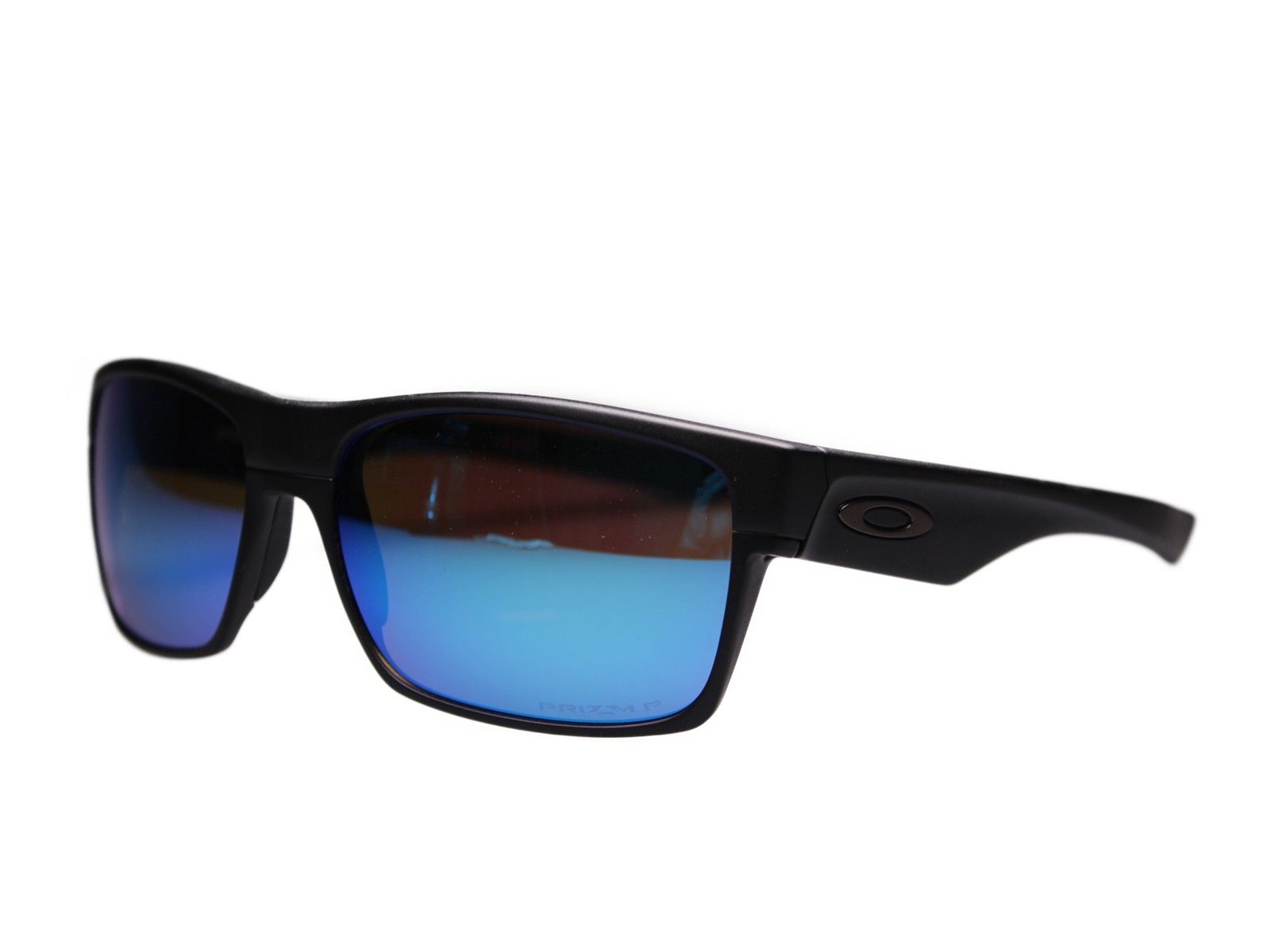 Schwarze Oakley TWOFACE OO9189-46 Sonnenbrille mit blauen Gläsern. Seitliche Ansicht, Oakley-Logo am Bügel.