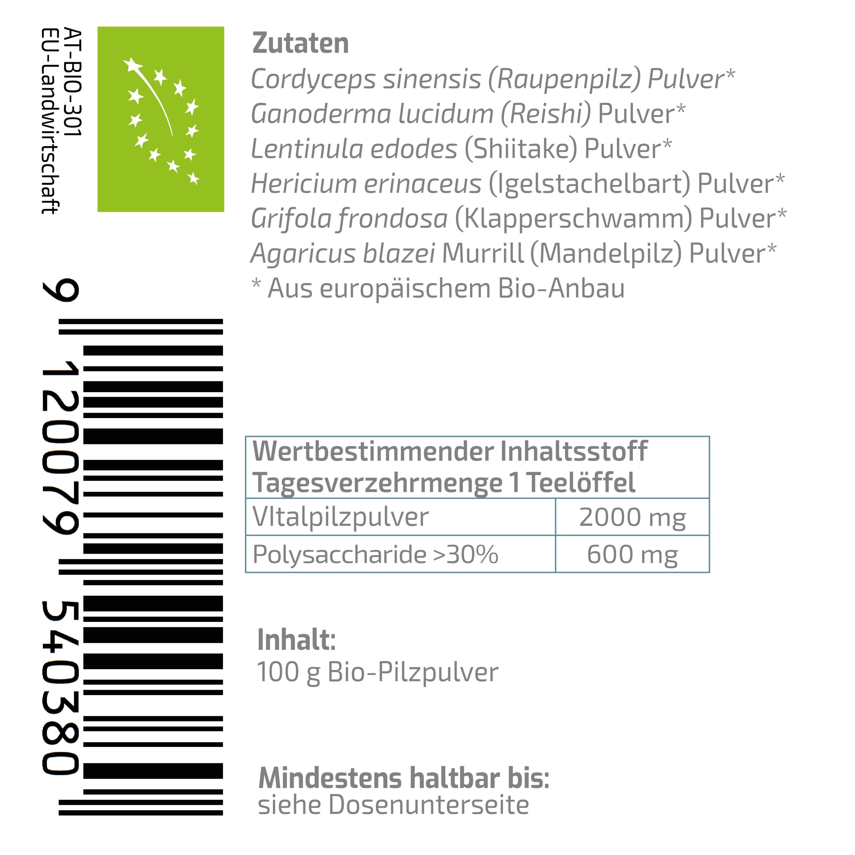 BEAUVITAL® Pure Bio Blend Active 50plus Vitalpilze Cordyceps Reishi Shiitake Agaricus Hericium Mait.
