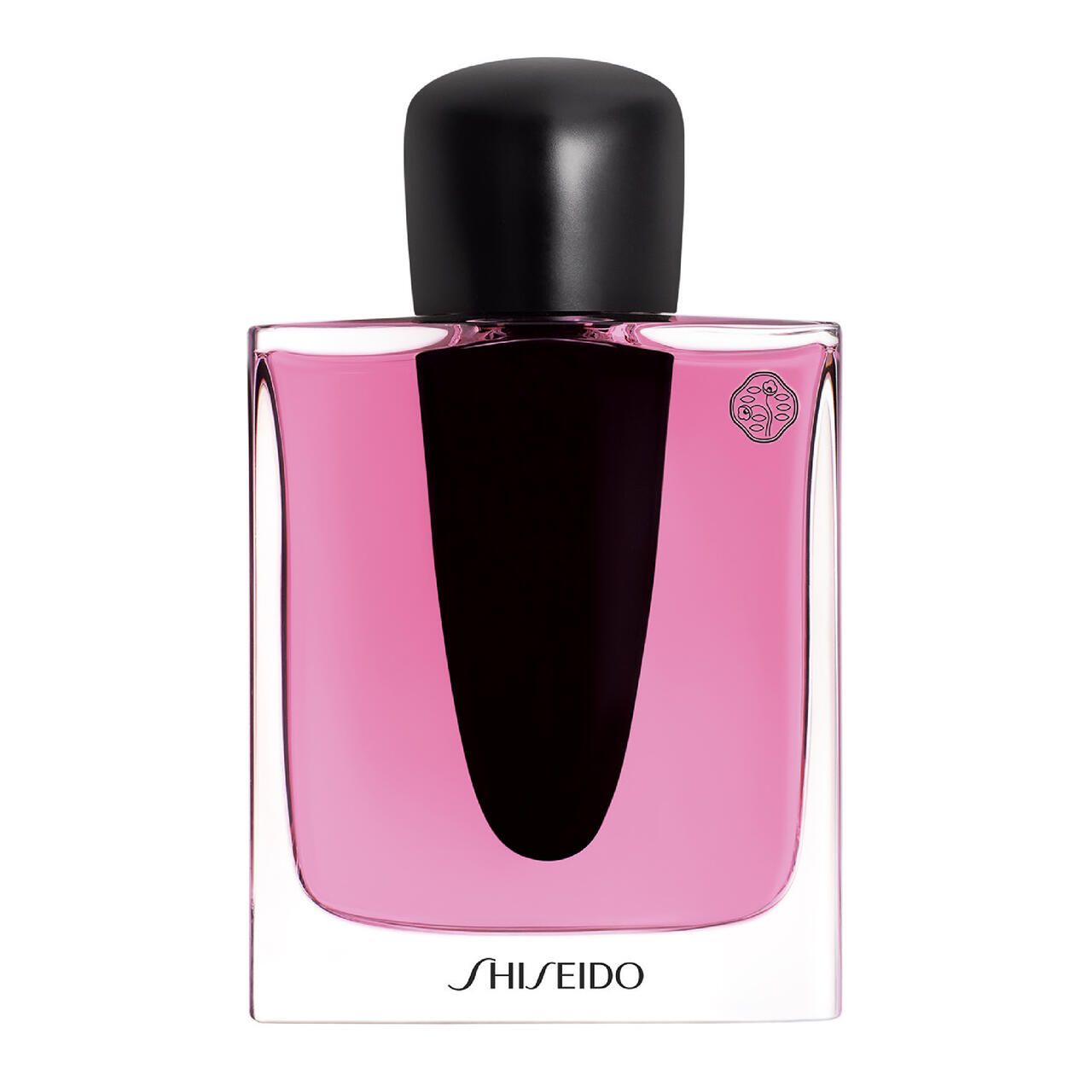 Quadratischer Flakon mit schwarzem Verschluss. Rosa Flüssigkeit. Unten steht SHISEIDO.