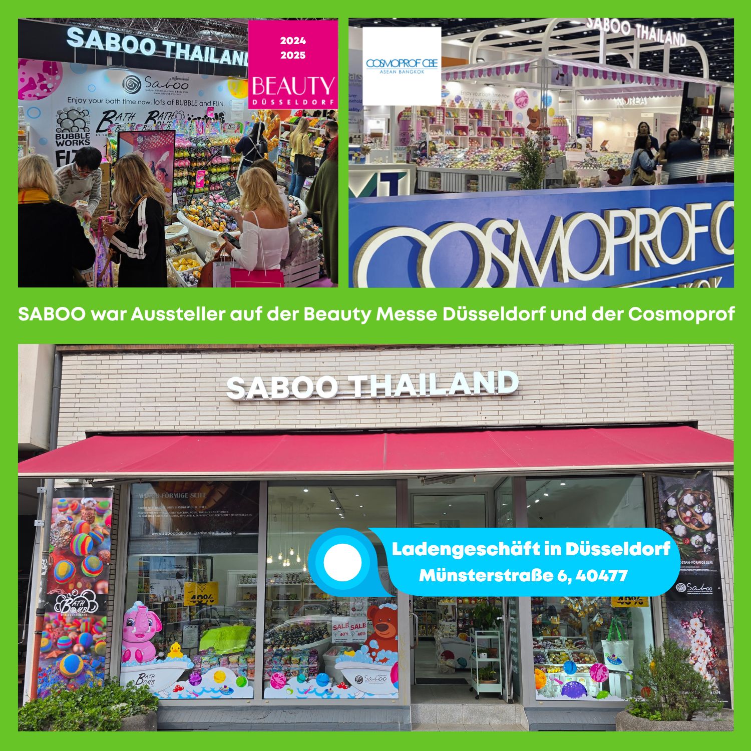 SABOO-Ausstellung auf der Beauty Messe Düsseldorf und Cosmoprof. Laden in Düsseldorf. Außenansicht.