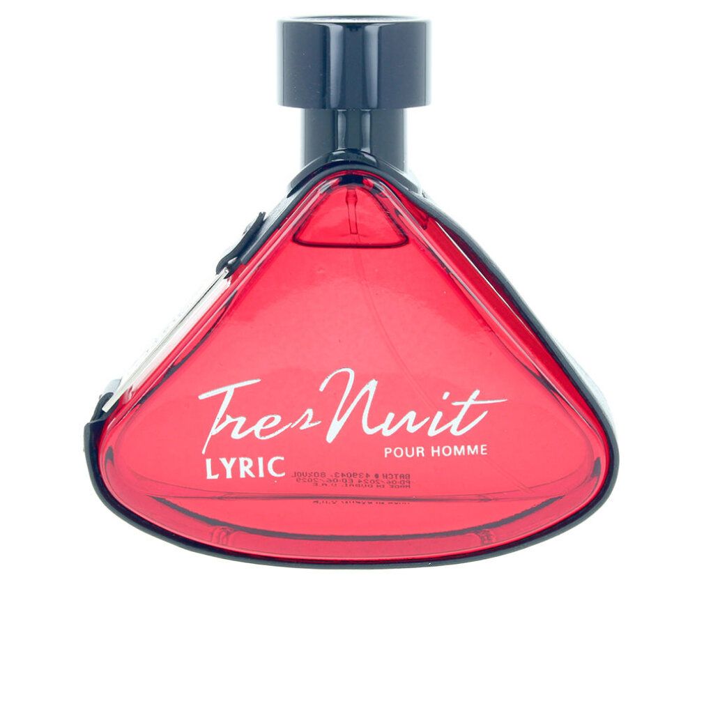 Roter Flakon mit schwarzem Verschluss. Aufschrift: Tres Nuit Lyric Pour Homme. Schwarze Umrandung.