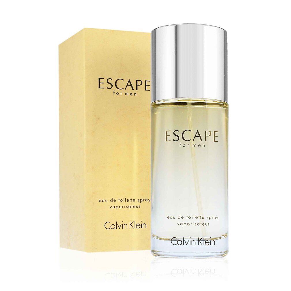 Calvin Klein Escape for Men Eau de Toilette Spray und goldene Verpackung.