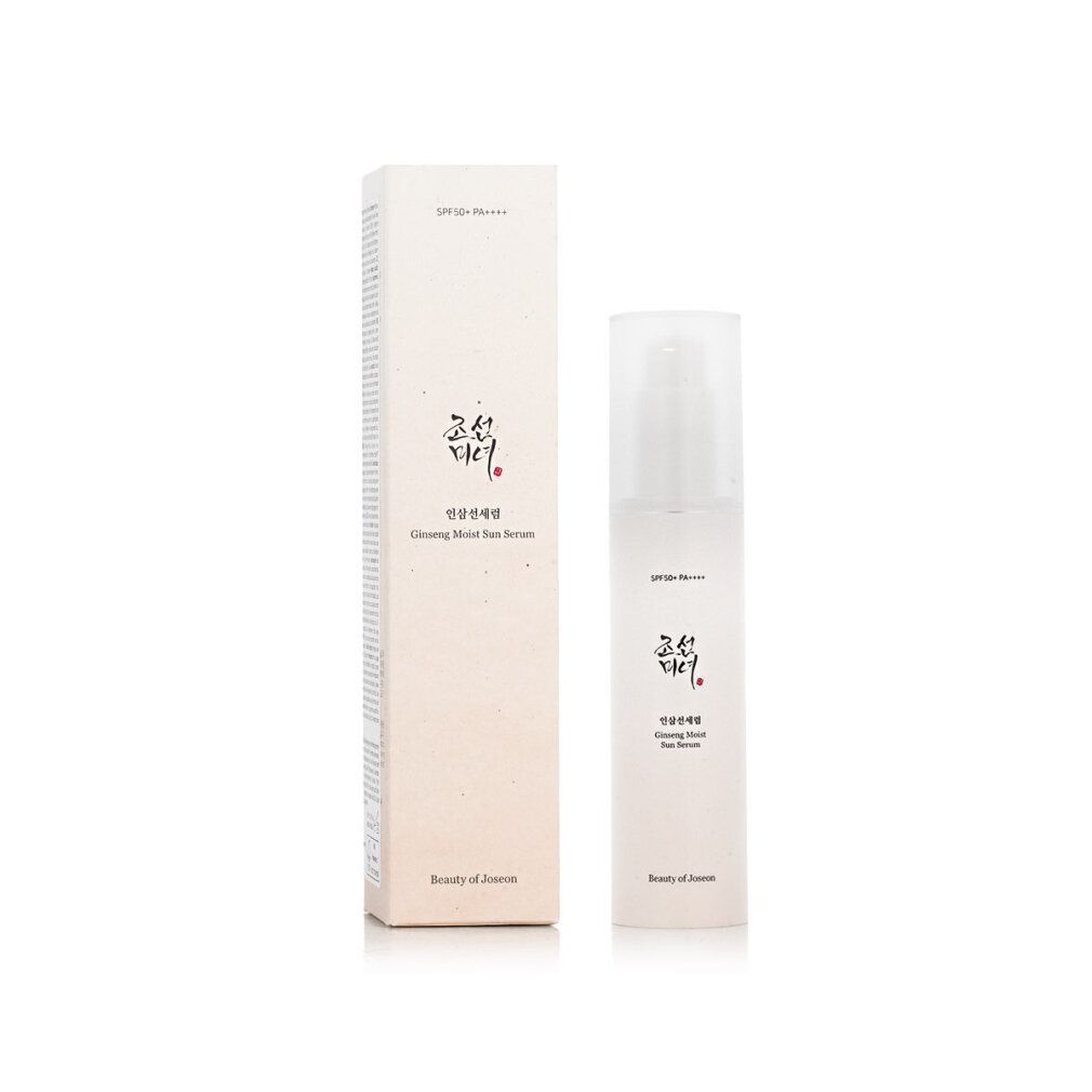 Flasche des Ginseng Moist Sun Serum mit SPF 50+ PA++++, isoliert.