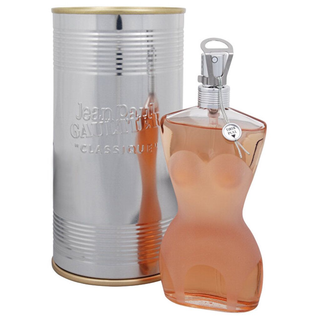 Parfümflakon in Frauenkörperform neben silberner Dose. Aufschrift: Jean Paul Gaultier, Classique. Silberner Zerstäuber. Anhänger.