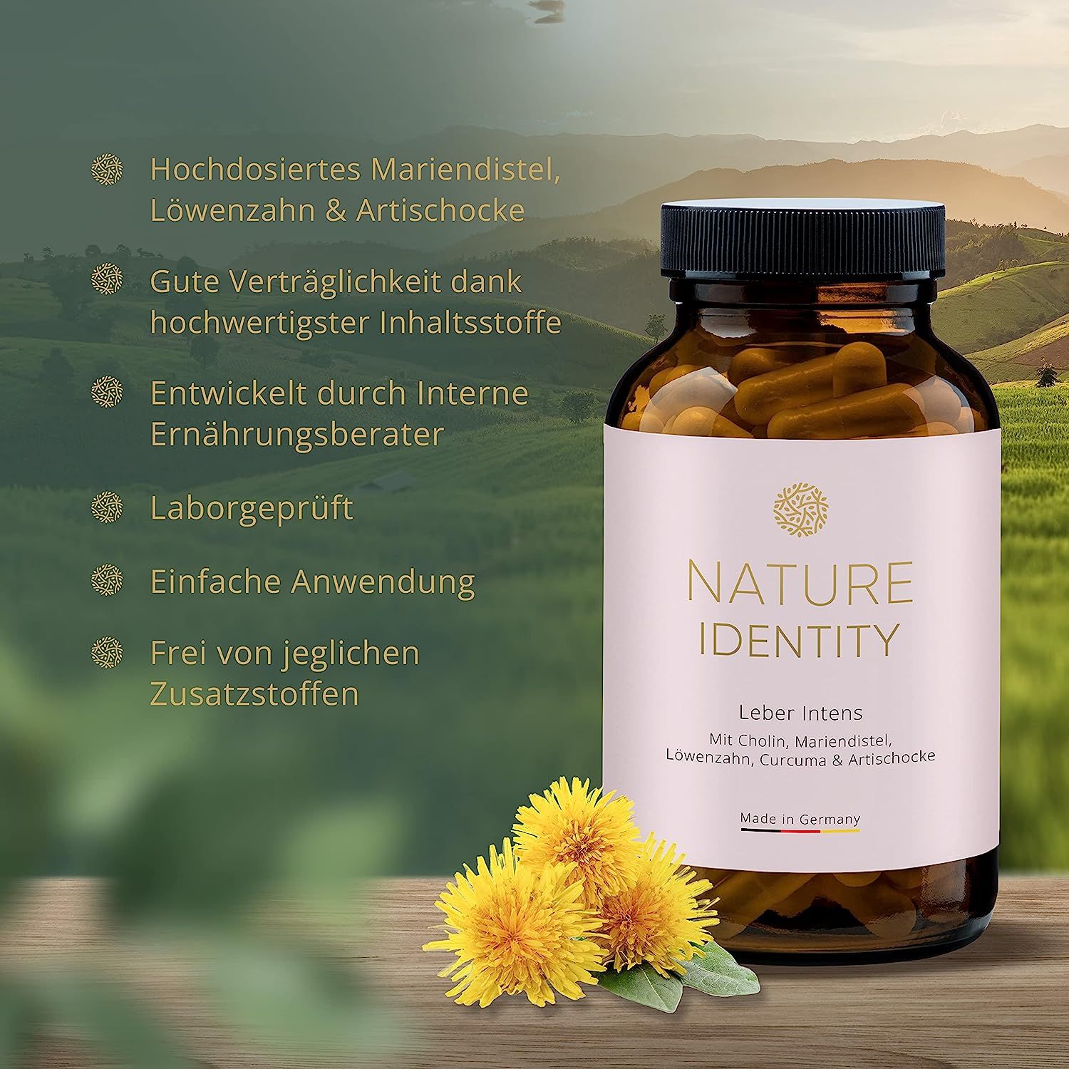 Braune Glasflasche mit Kapseln. Etikett mit "Nature Identity" und "Leber Intens". Gelbe Blüten und grüne Blätter.