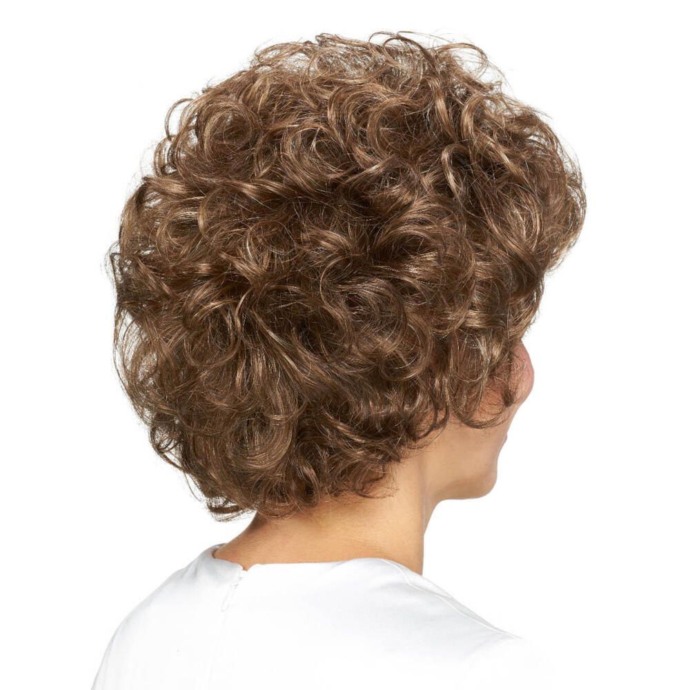 Perücke Viola von Lofty. Kurze, braune Kunsthaarperücke mit Locken. Rückansicht.