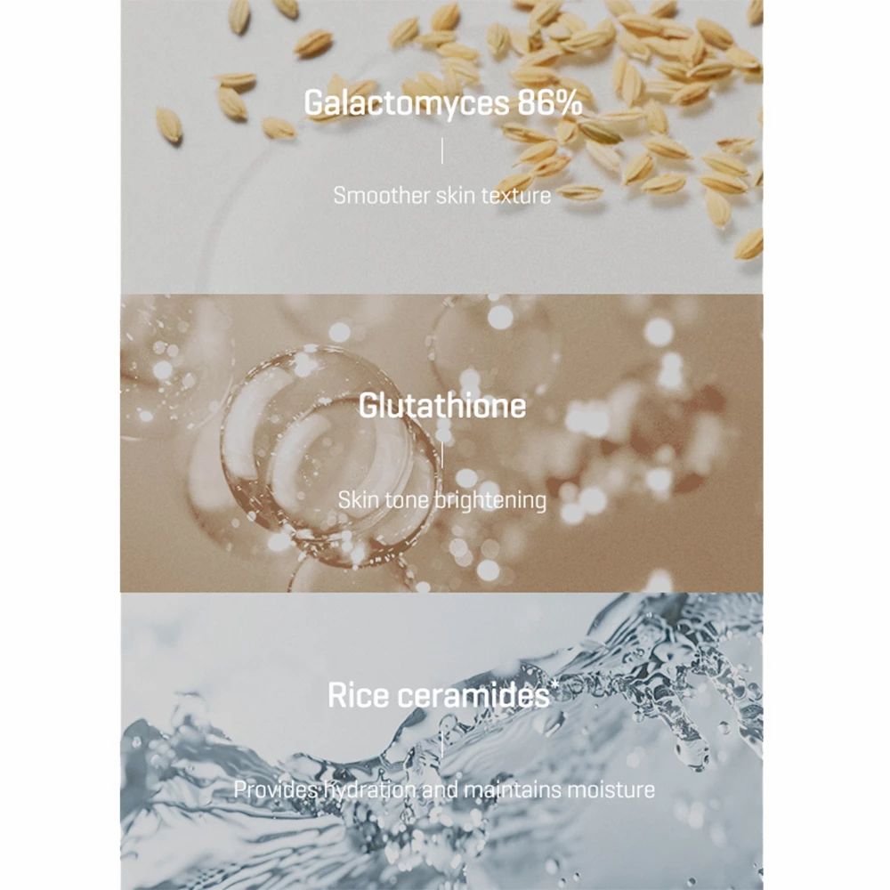 Drei Elemente: Galactomyces 86%, Glutathion, Reisceramide. Text: Hautstruktur, Hautton, Feuchtigkeit.
