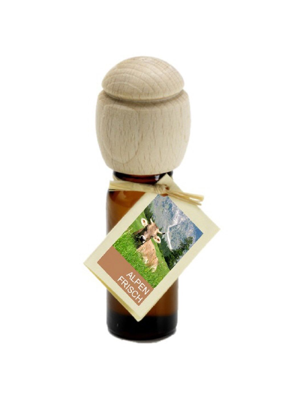 Braune Glasflasche mit Holzverschluss. Anhänger mit Kuh und Alpenlandschaft. Aufschrift: Alpen Frisch.