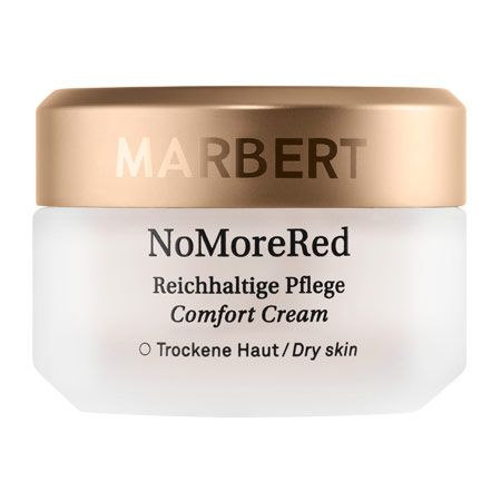 Creme-Tiegel mit goldenem Deckel. Aufschrift MARBERT. Darunter NoMoreRed Comfort Cream. Für trockene Haut.