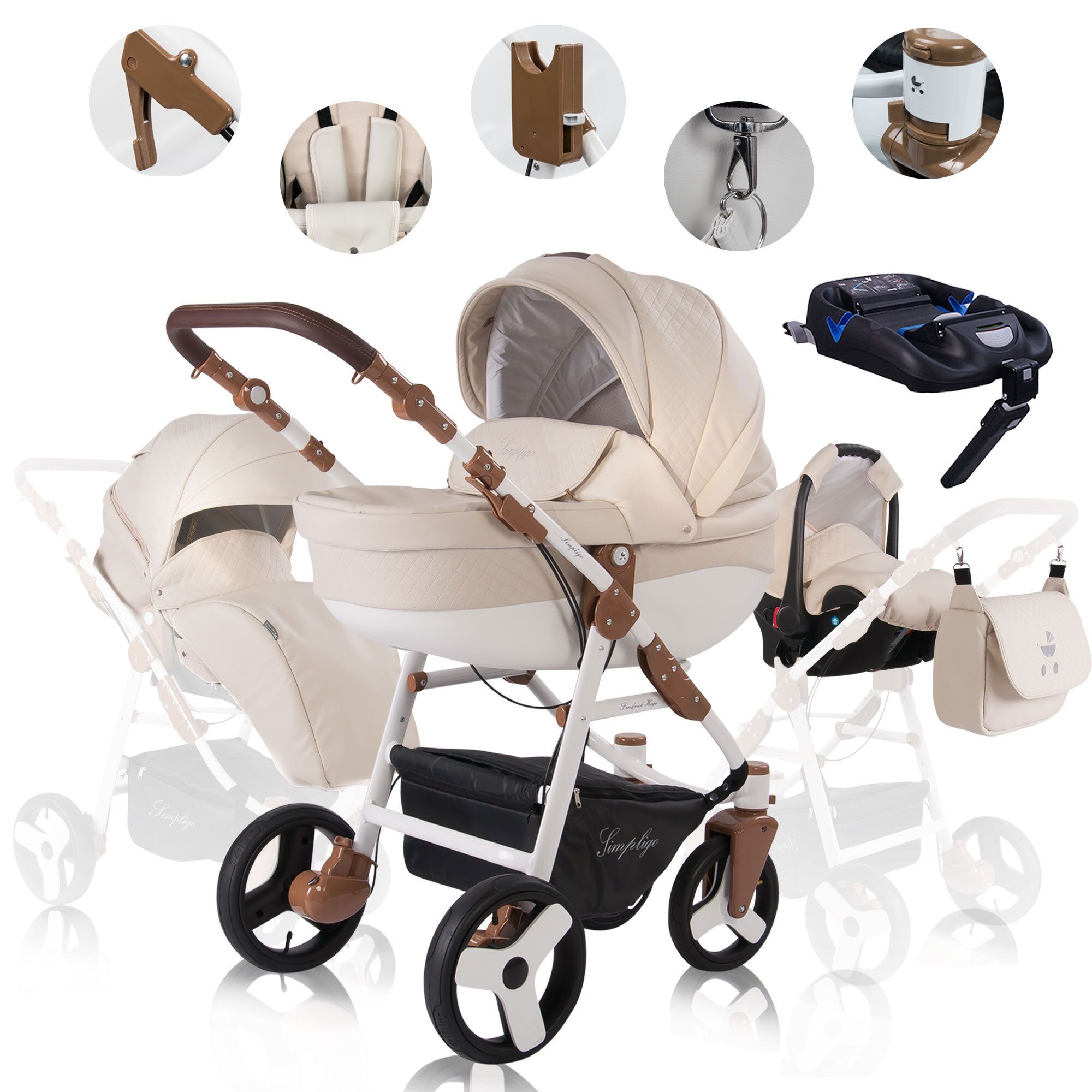 Kinderwagen-Komplettset, Sandfarbenes Kunstleder, Luftreifen, ISOFIX-Basis. Mehrere Ansichten und Zubehör.