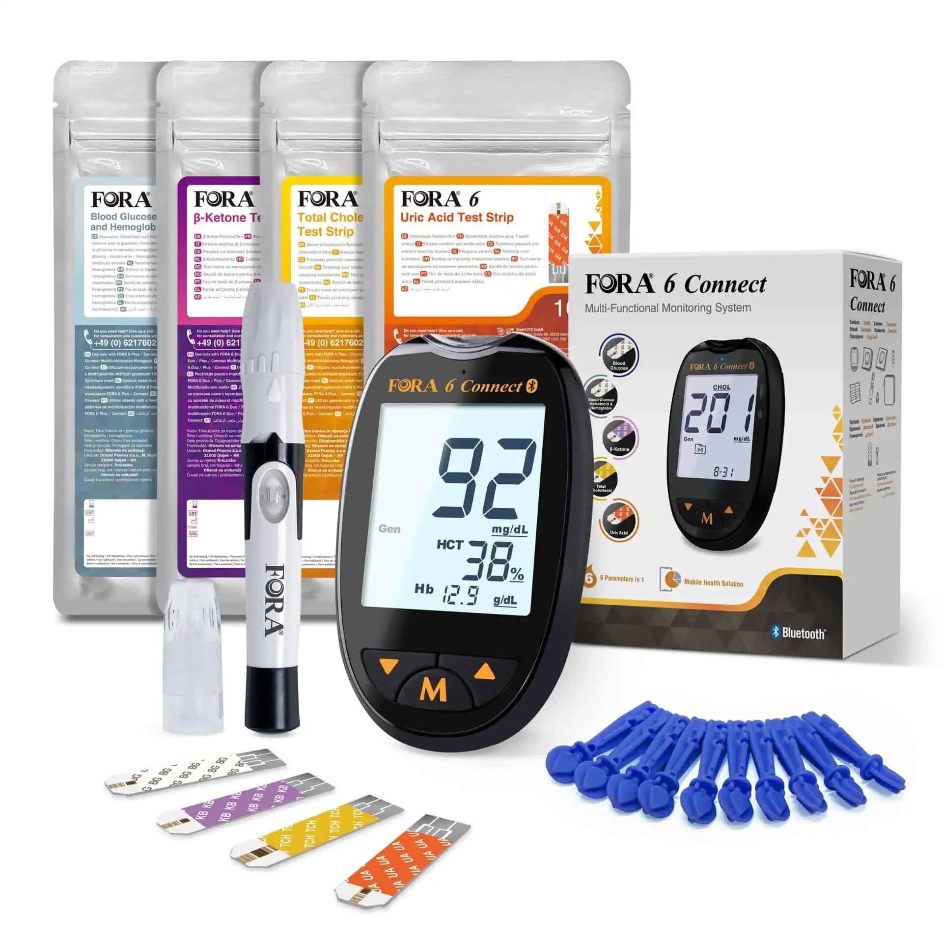 FORA 6 Connect Multifunktions-Messsystem mit Teststreifen für Glukose, Keton, Hämatokrit, Hämoglobin und Harnsäure.