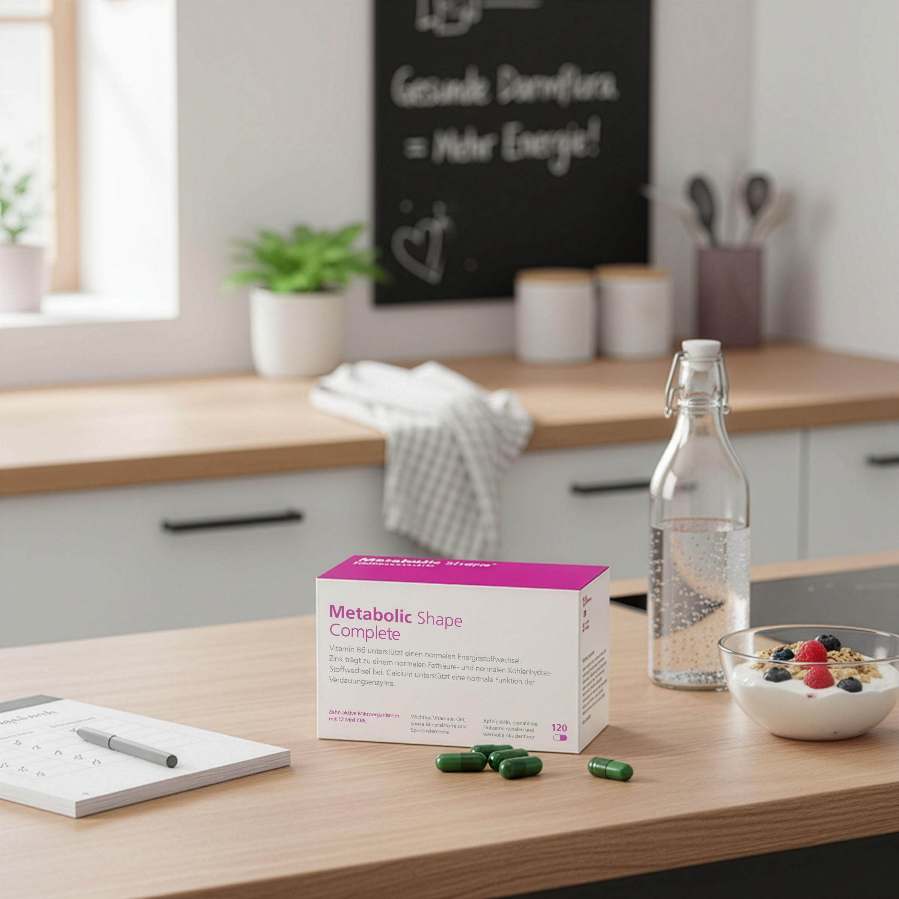 Packung Metabolic Shape® Complete auf Küchentisch. Daneben Kapseln, Wasserflasche, Joghurt mit Beeren.