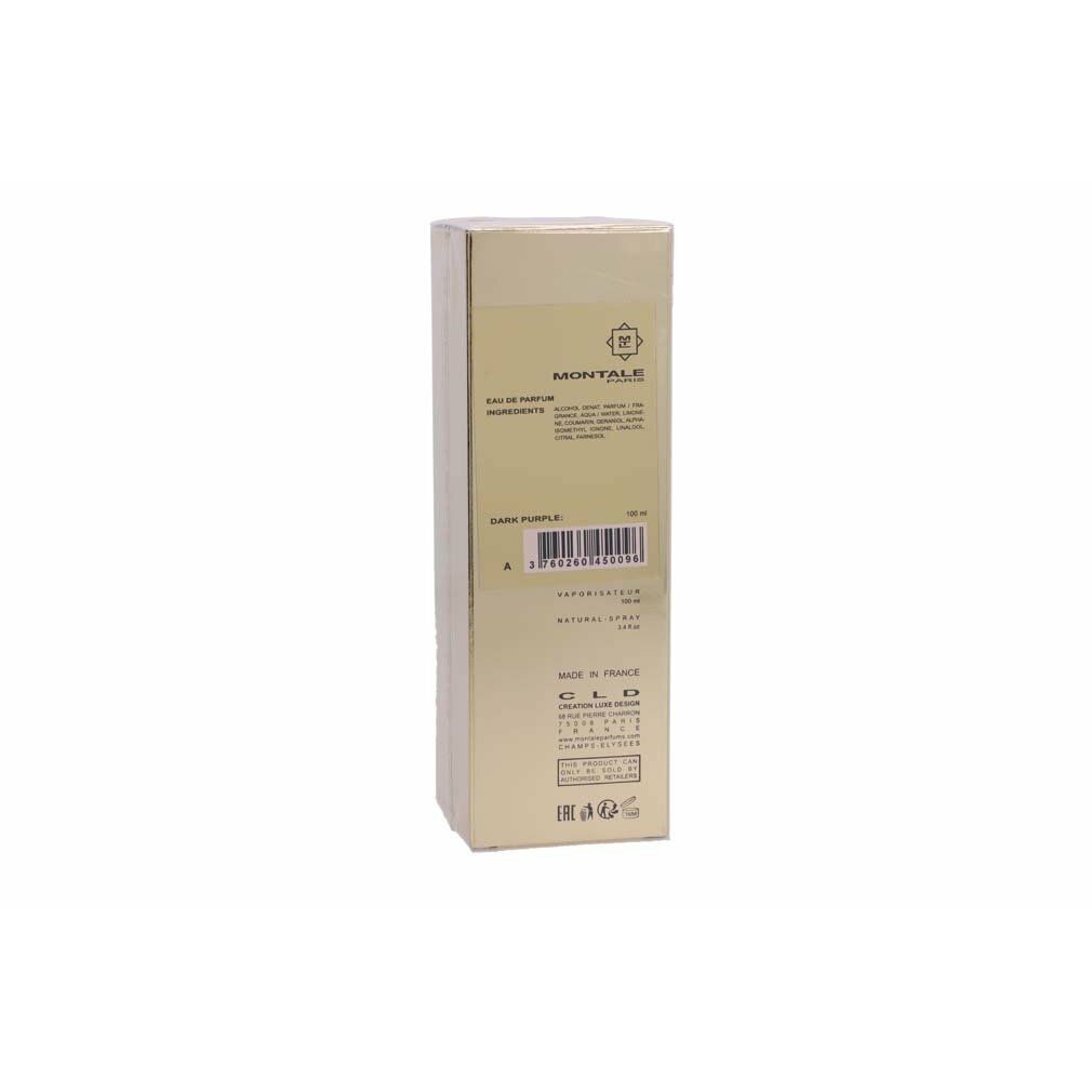 Verpackung mit Aufschrift: MONTALE PARIS, DARK PURPLE. Rückseite mit Produktinformationen und Barcode.