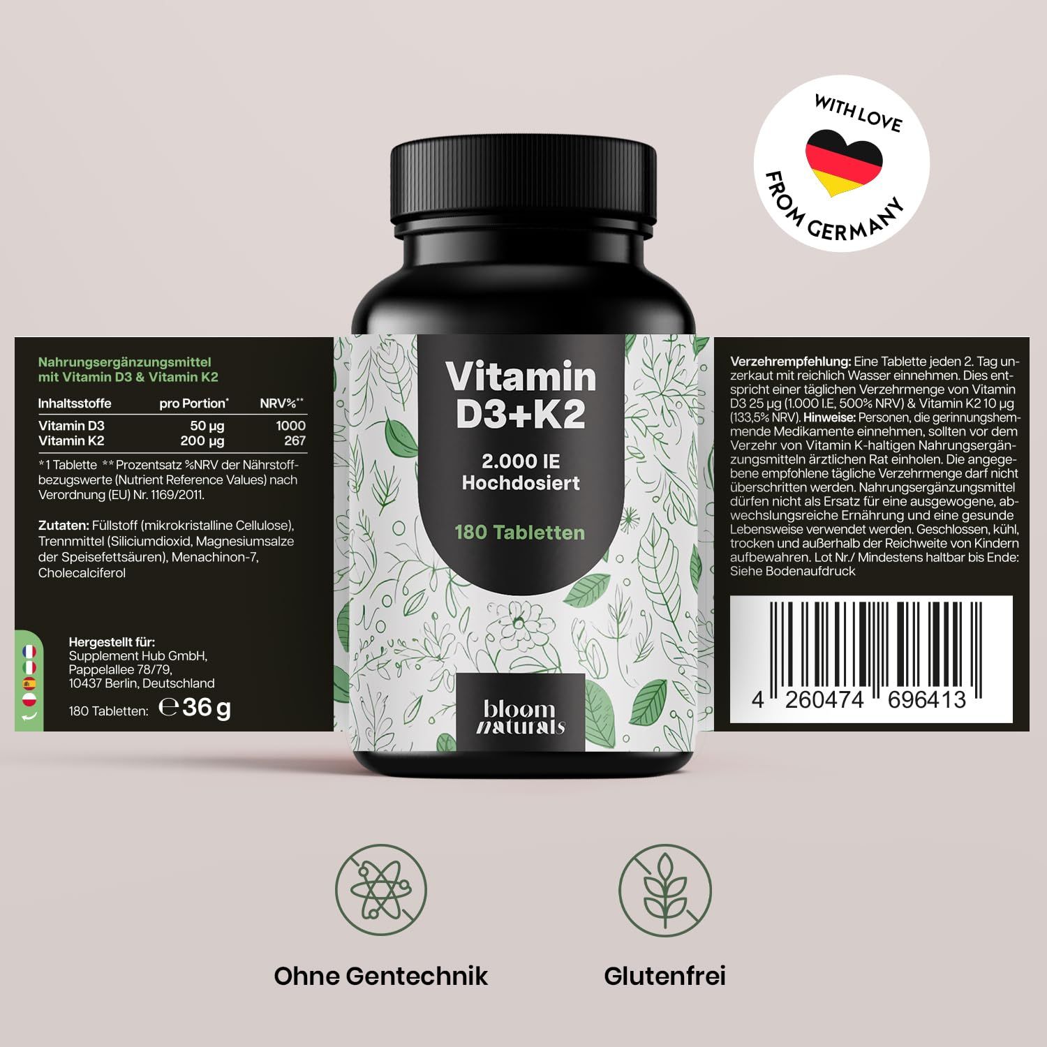 Flasche Vitamin D3+K2, 180 Tabletten. Text: 2.000 IE, hochdosiert. Inhaltsstoffe, Nährwertangaben, Text. Siegel: Ohne Gentechnik, Glutenfrei.