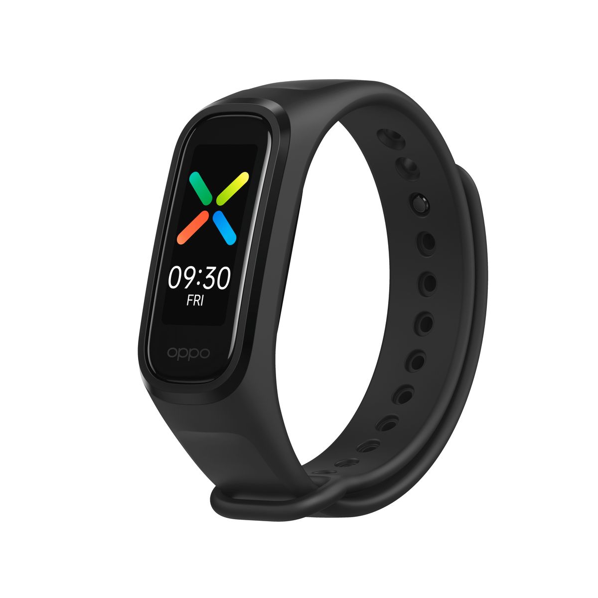 Schwarzer Fitnesstracker. Farbdisplay mit Uhrzeit und Logo. Schwarzes Armband mit Löchern. Marke Oppo.