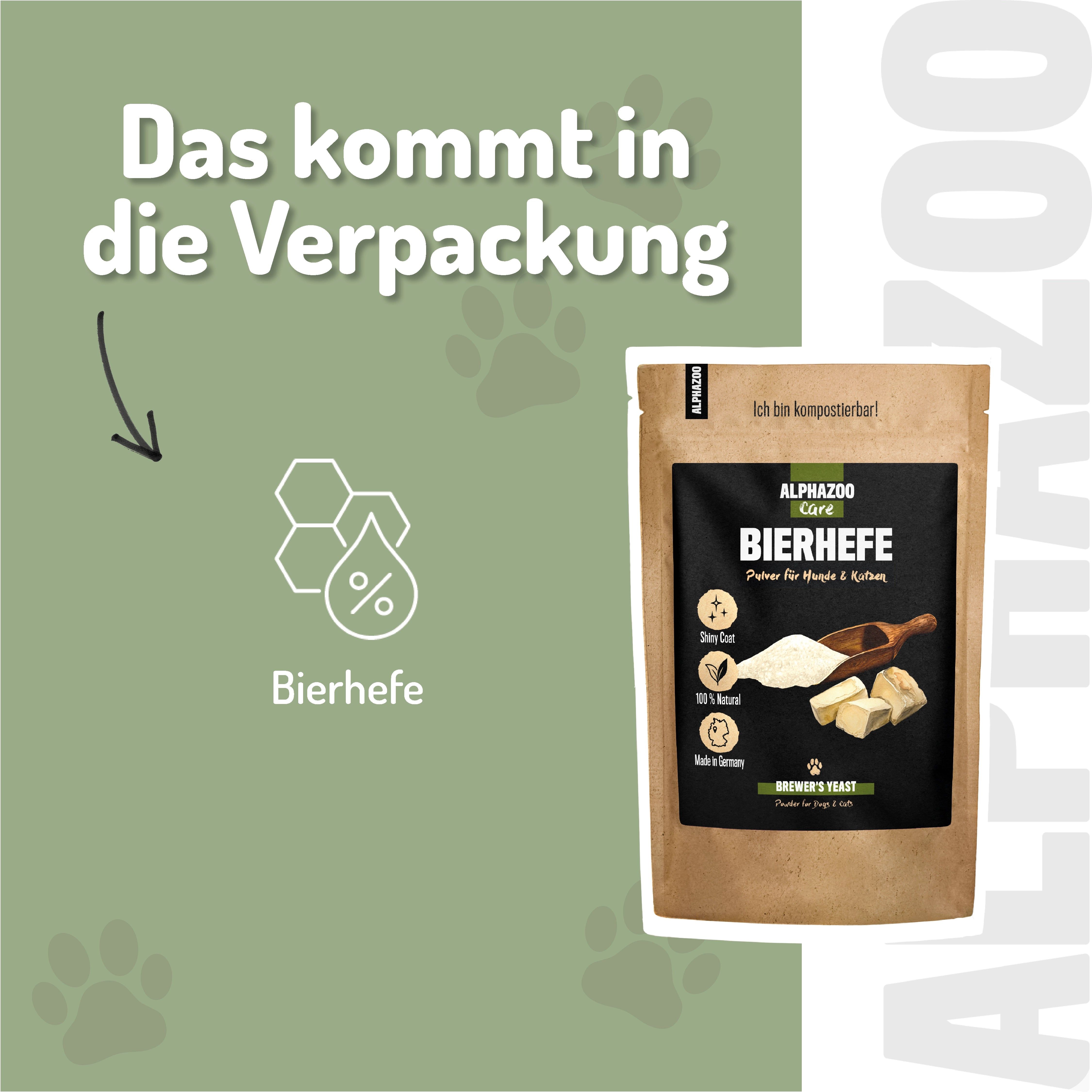 Verpackung von ALPHAZOO Bierhefe Pulver. Braune Papierverpackung mit Produktinformationen. Enthält Bierhefe, Holzschaufel und Würfel. Text: Das kommt in die Verpackung.