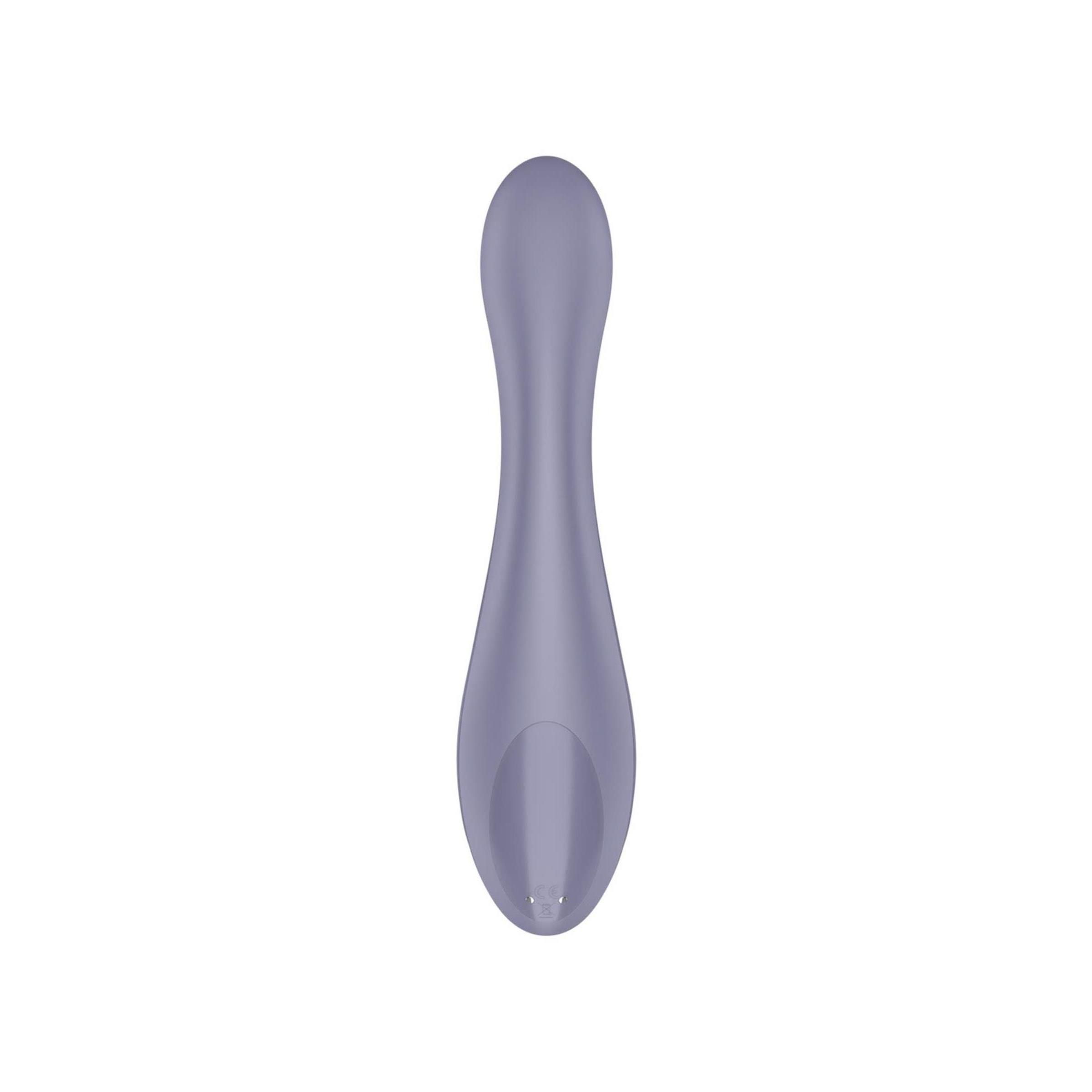 Lila G-Punkt Vibrator. Tropfenförmiger Kopf, ergonomische Form. Glatte Oberfläche. Ansicht von oben.