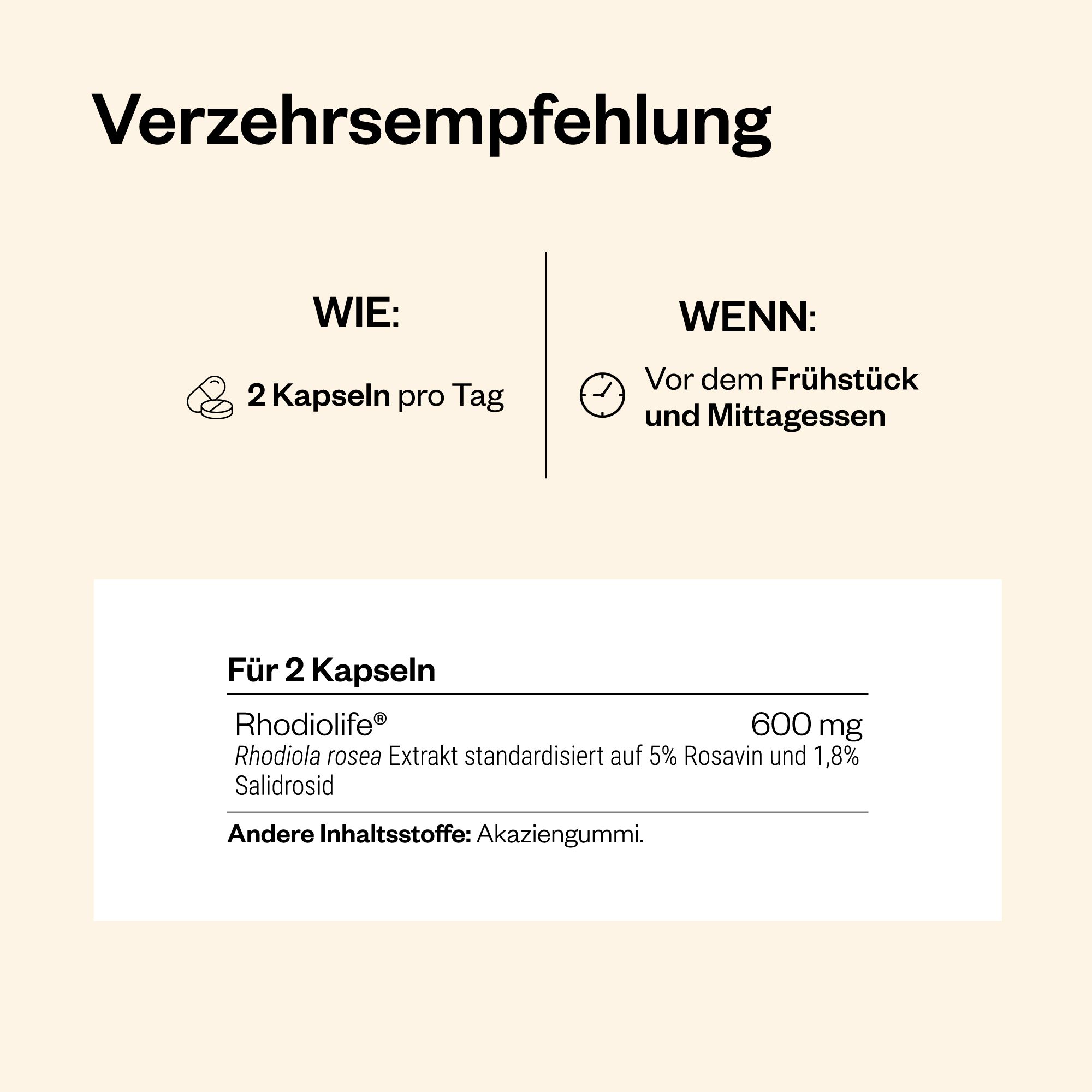 Verzehrempfehlung: 2 Kapseln pro Tag, vor dem Frühstück und Mittagessen. Rhodiola Rosea Extrakt.