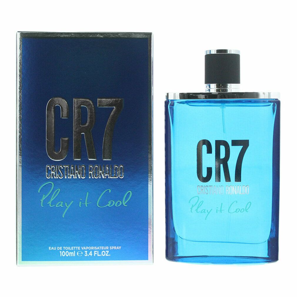 Blaue CR7 Cristiano Ronaldo Play it Cool Eau de Toilette Flasche neben der Verpackung.