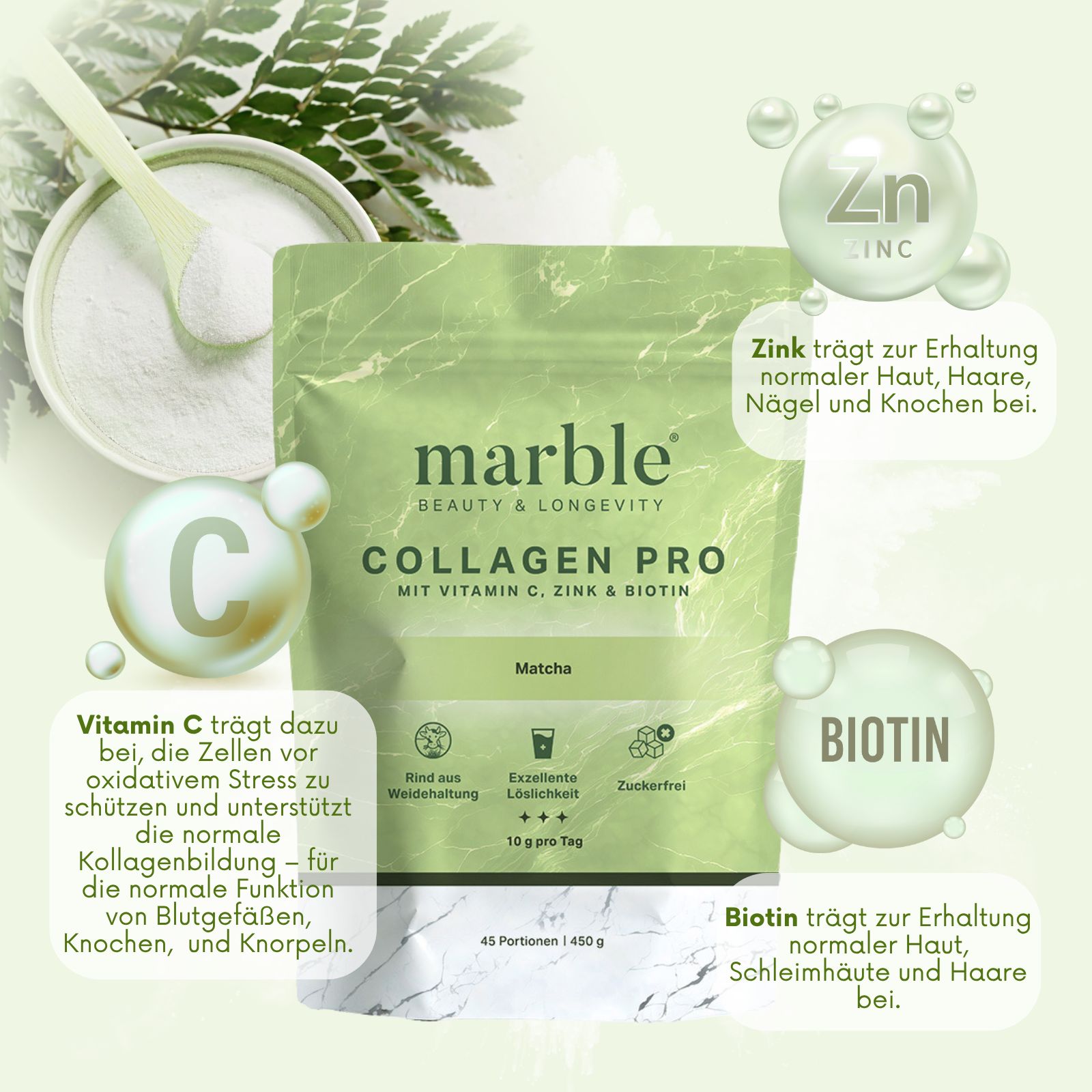 marble Collagen Pro – Matcha 450g | Reines Weidekollagen mit Vitamin C, Zink & Biotin