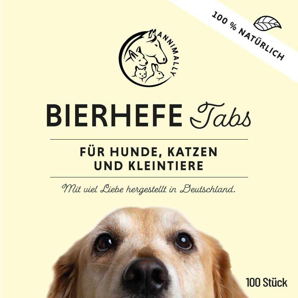Verpackung mit "Annimally Bierhefe Tabs" für Hunde, Katzen und Kleintiere. Logo mit Tierabbildungen. Text: 100% natürlich.