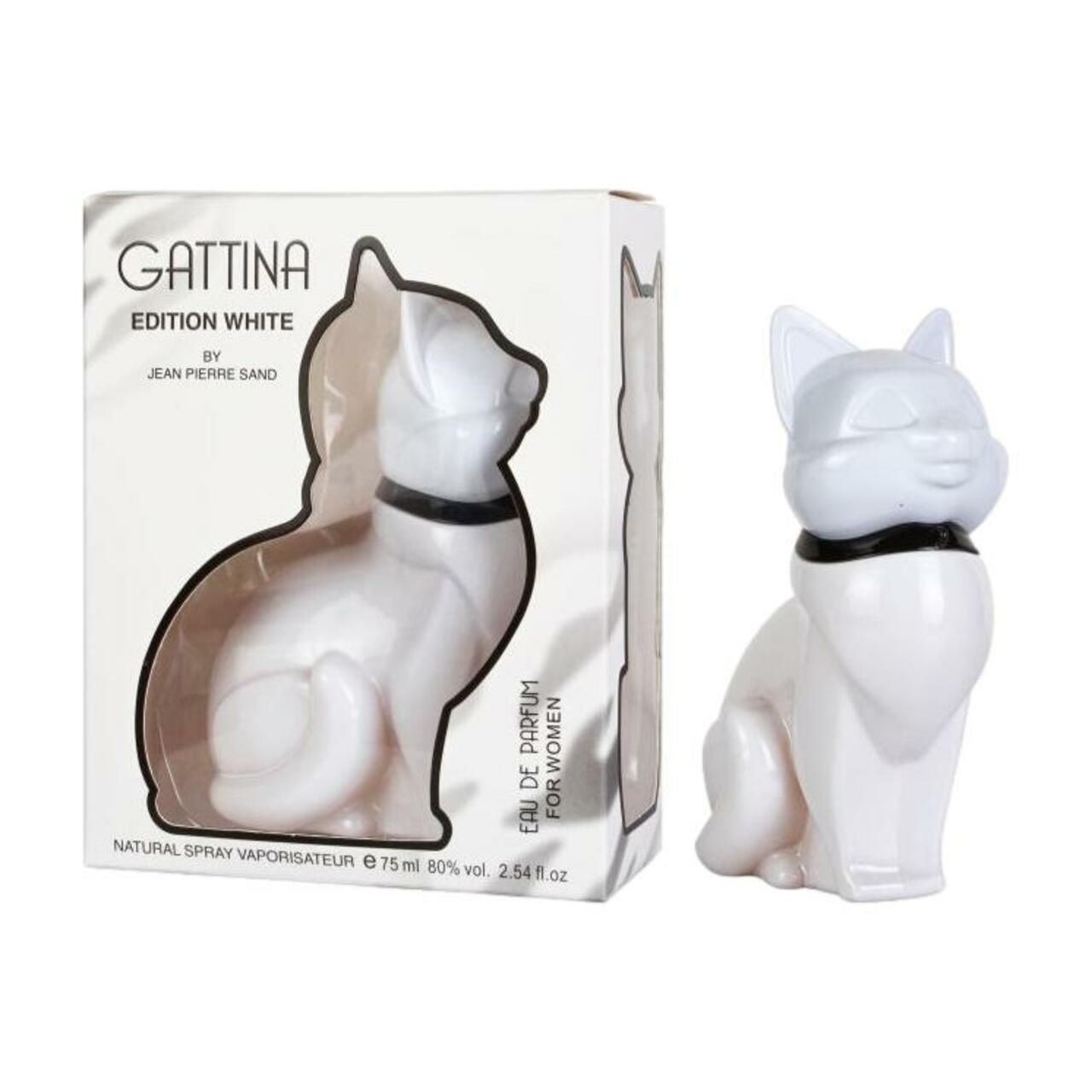 Gattina White Eau de Parfum, Katze-Flasche und Verpackung. Text: Jean Pierre Sand.