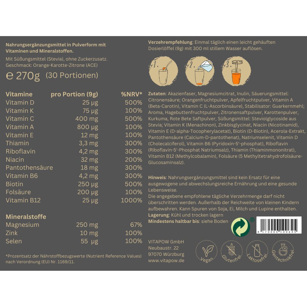 Produktinformationen von Vitapow. Enthält Nährwertangaben, Zutaten, Verzehrempfehlung und Hinweise. Mit Dosierlöffel.