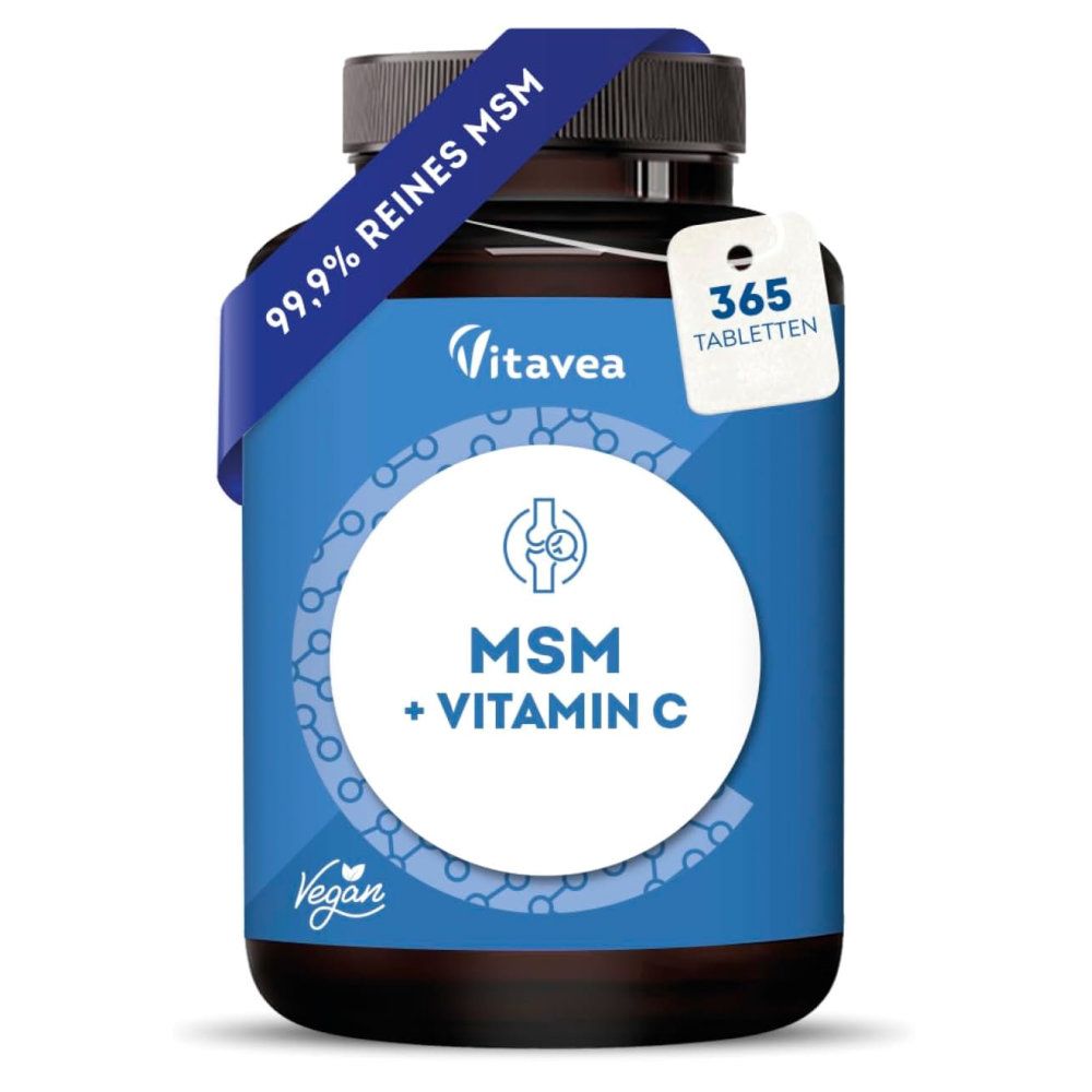Braune Flasche mit blauer Banderole und Etikett. Enthält MSM + Vitamin C Tabletten. 365 Tabletten.