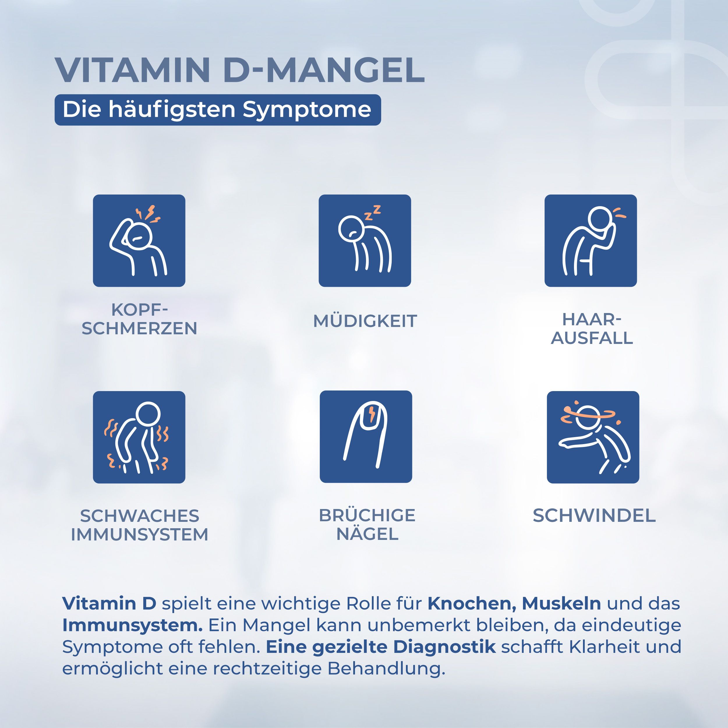 Symptome von Vitamin-D-Mangel. Kopfschmerzen, Müdigkeit, Haarausfall, etc.