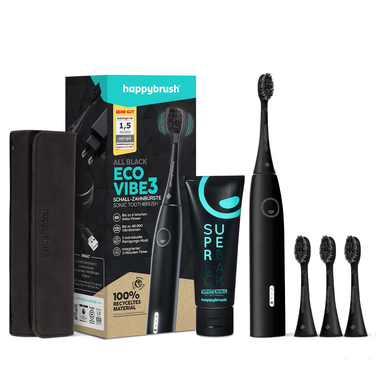 Schallzahnbürste, schwarz, mit Zubehör: Ladegerät, Etui, Zahnpasta und 4 Bürstenköpfe. Verpackung mit Produktname und Logo.